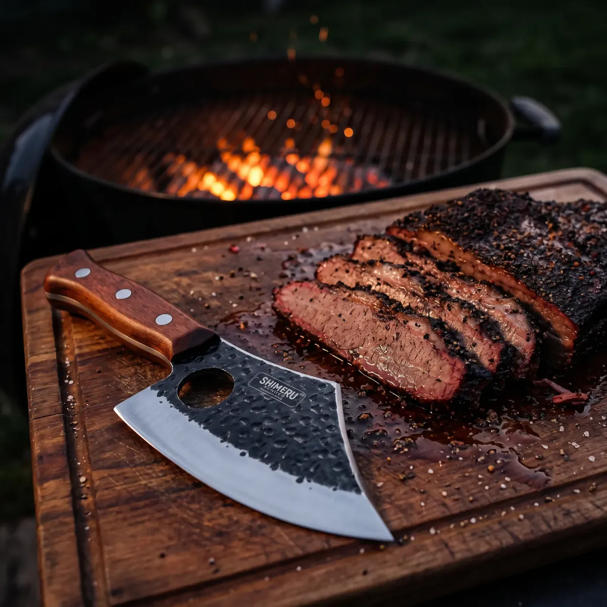 Kiba 5.8" Butcher Knife with Leather Sheath beside sliced smoked brisket at a charcoal barbecue