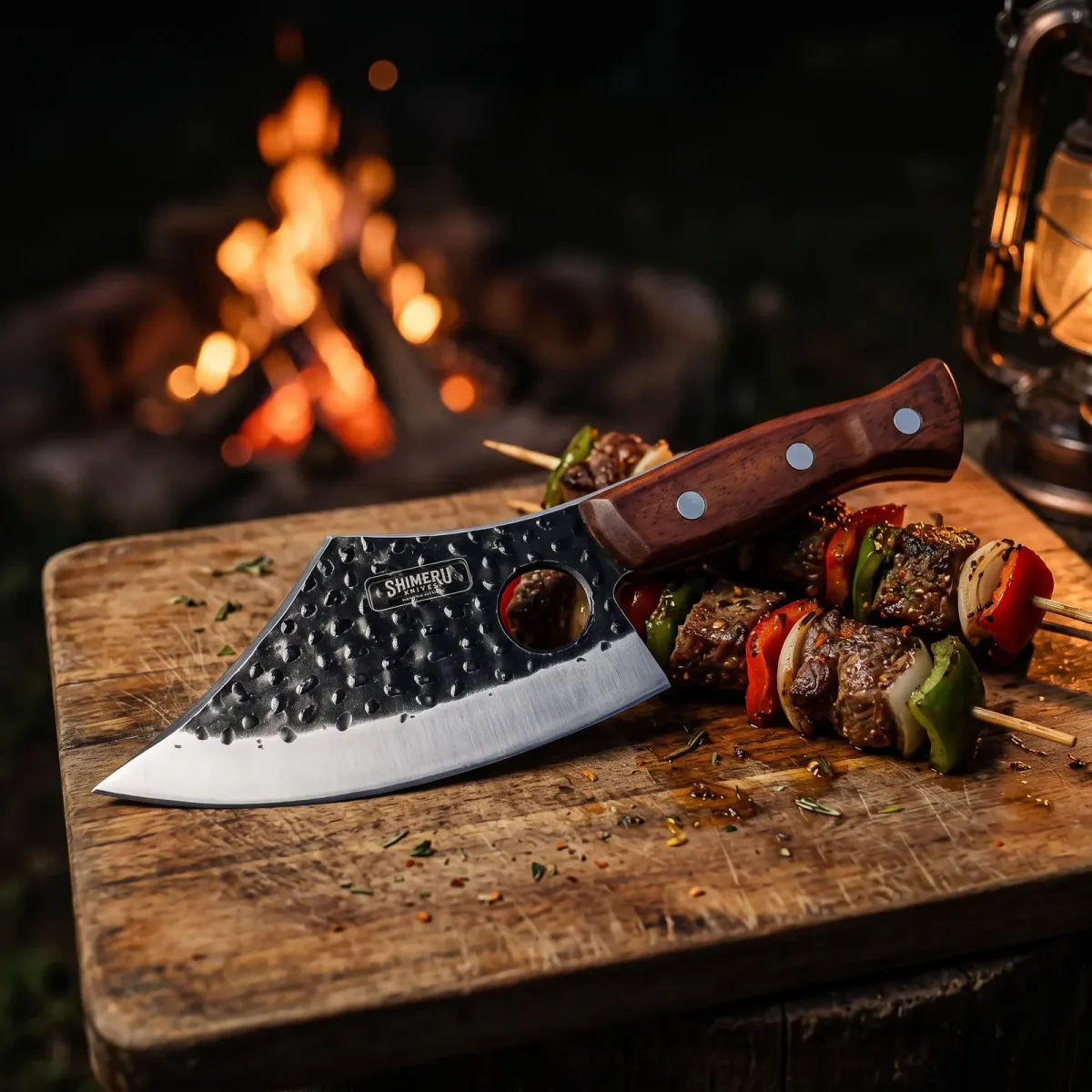 Kiba 5.8" Butcher Knife with Leather Sheath beside meat skewers by a campfire