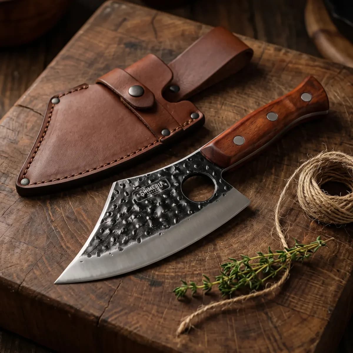 Kiba 5.8" Butcher Knife with Leather Sheath with its leather sheath on a butcher block