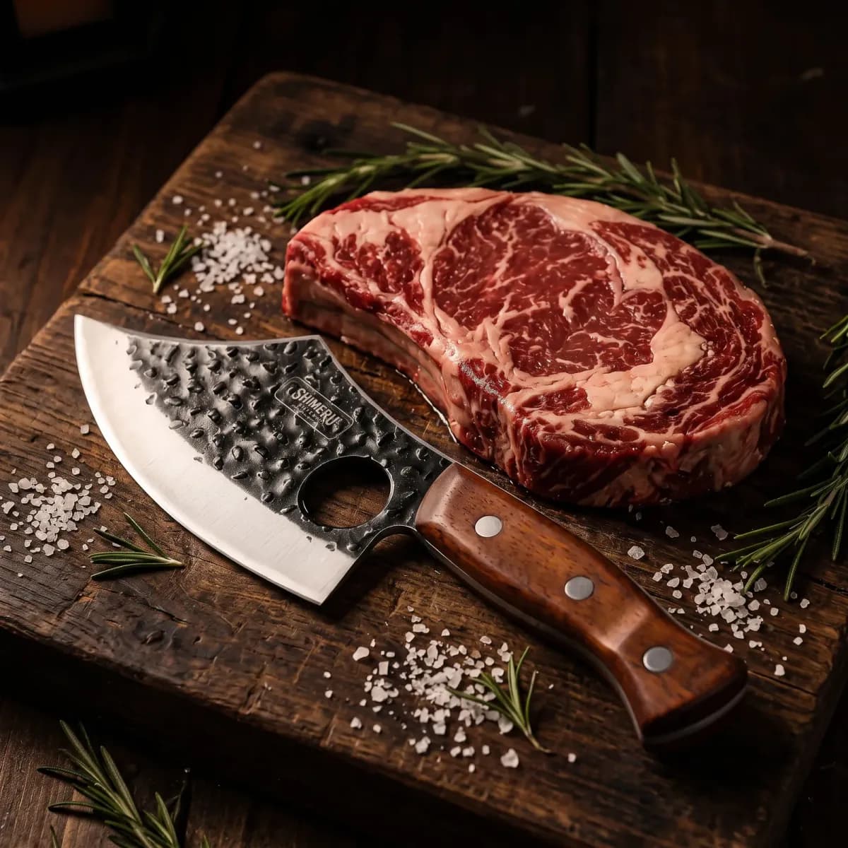 Kiba 5.8" Butcher Knife with Leather Sheath beside a thick ribeye steak