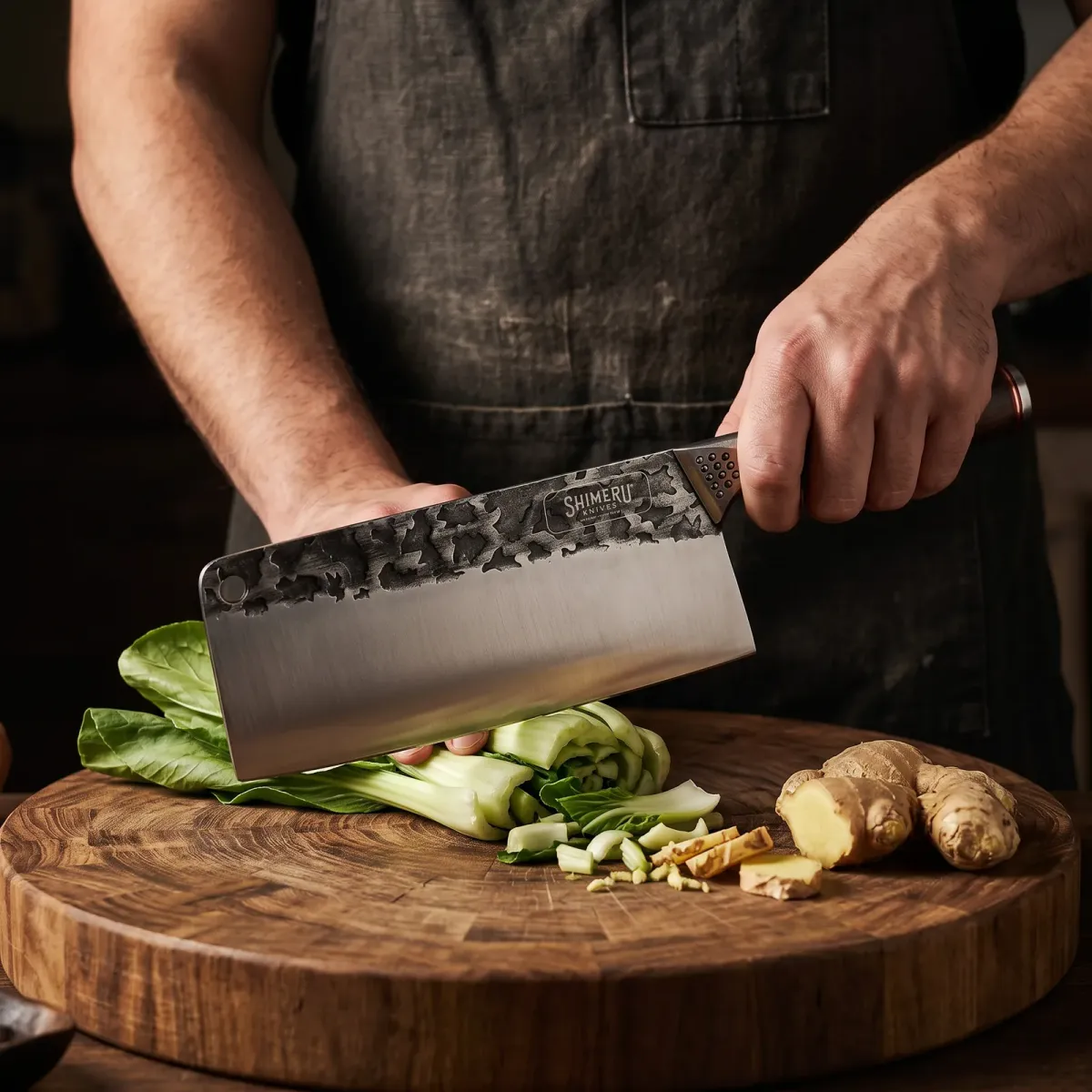Saba 7" Stainless Steel Cleaver chopping bok choy and ginger