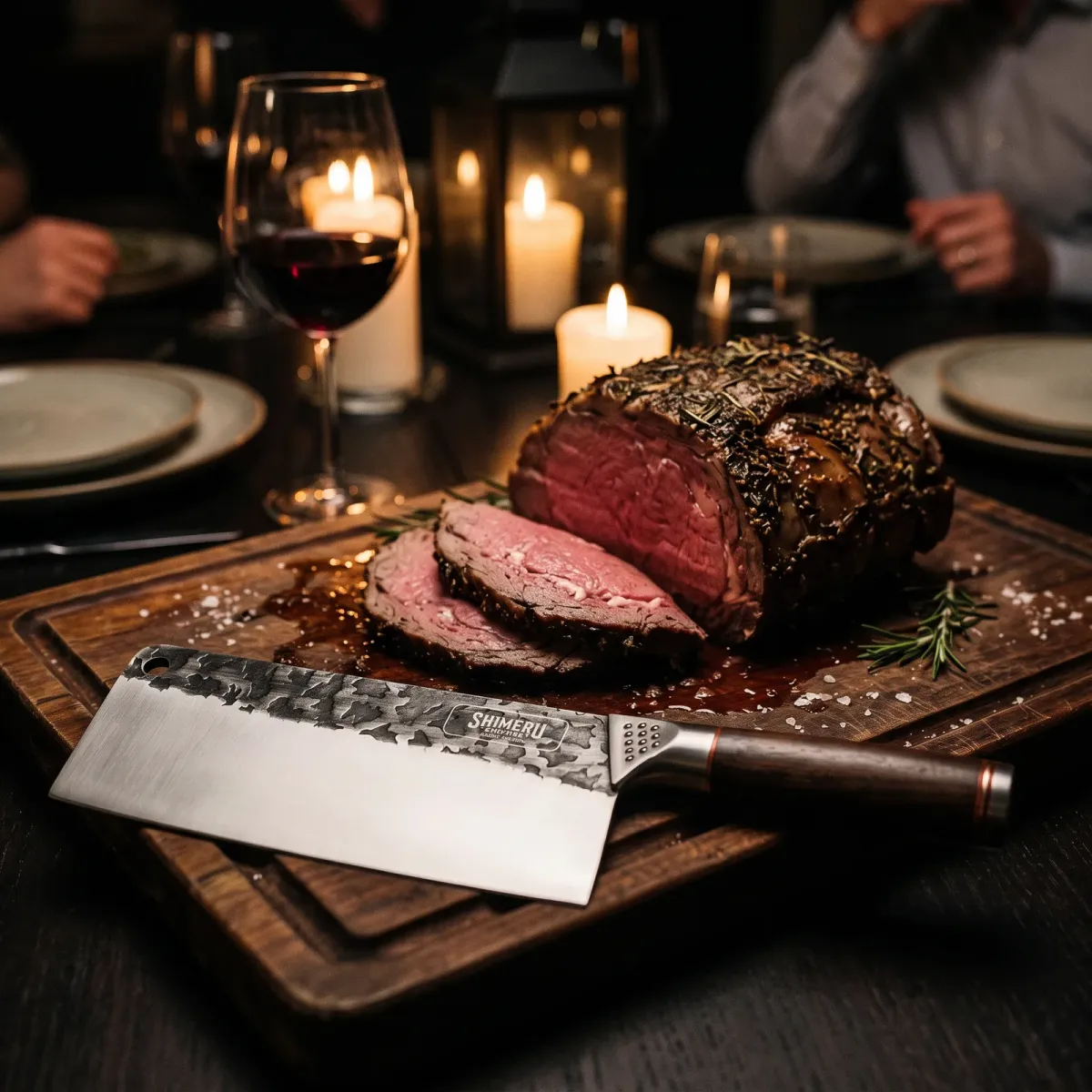 Saba 7" Stainless Steel Cleaver on a carving board beside sliced roast beef at a candlelit dinner