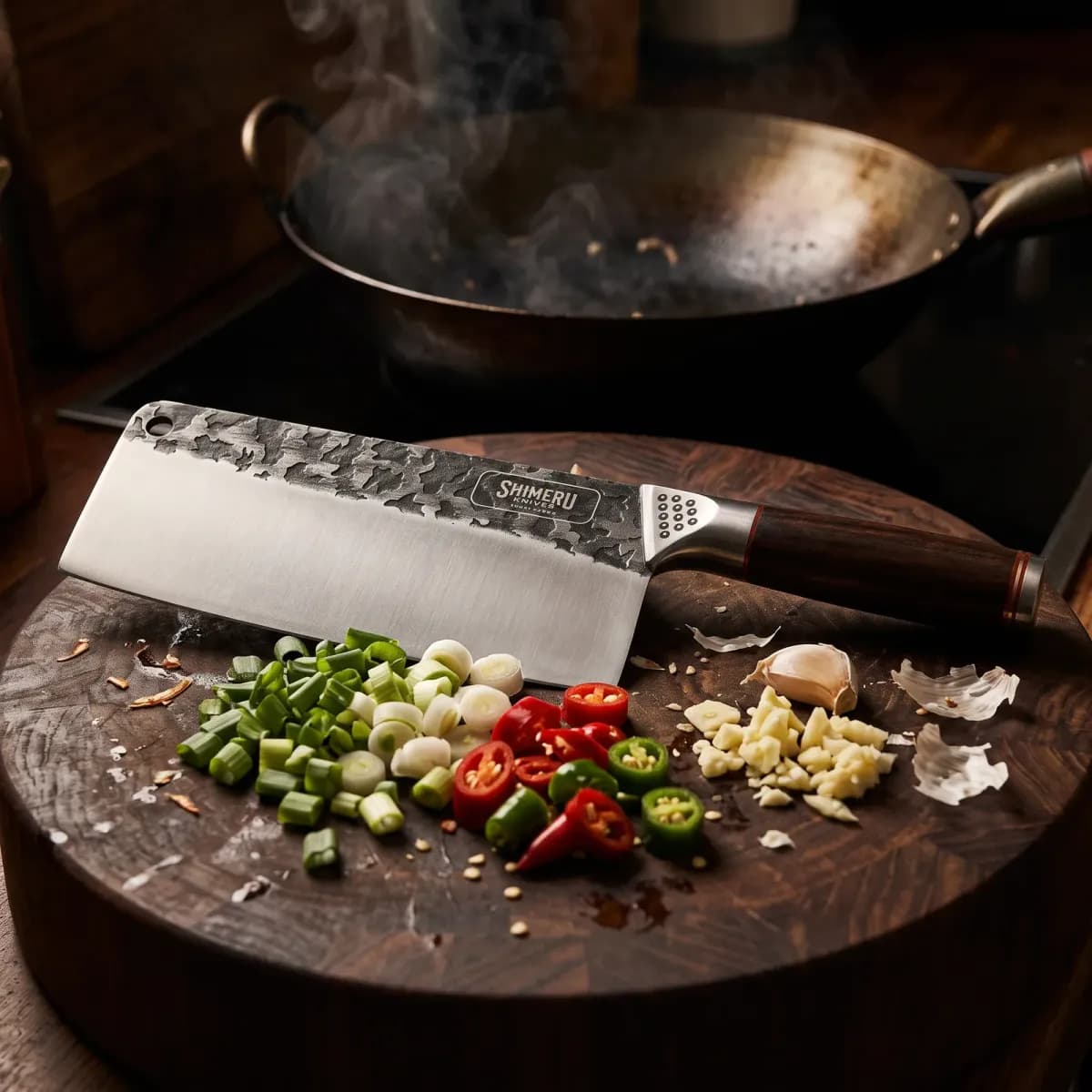 Saba 7" Stainless Steel Cleaver beside chopped spring onion, chilli and garlic with a wok