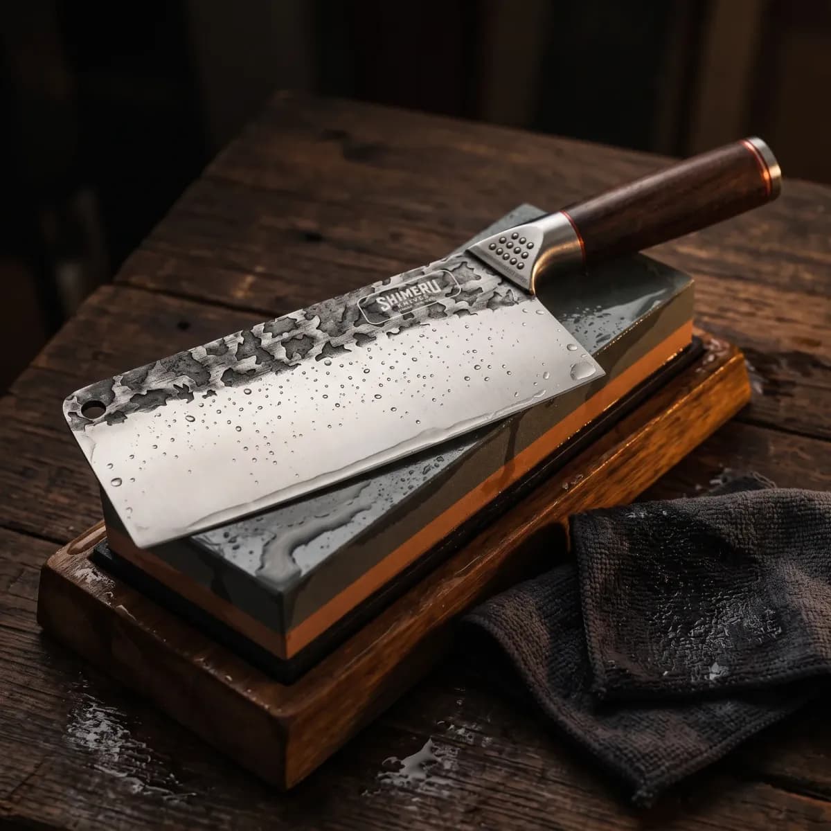 Saba 7" Stainless Steel Cleaver being sharpened on a wet whetstone