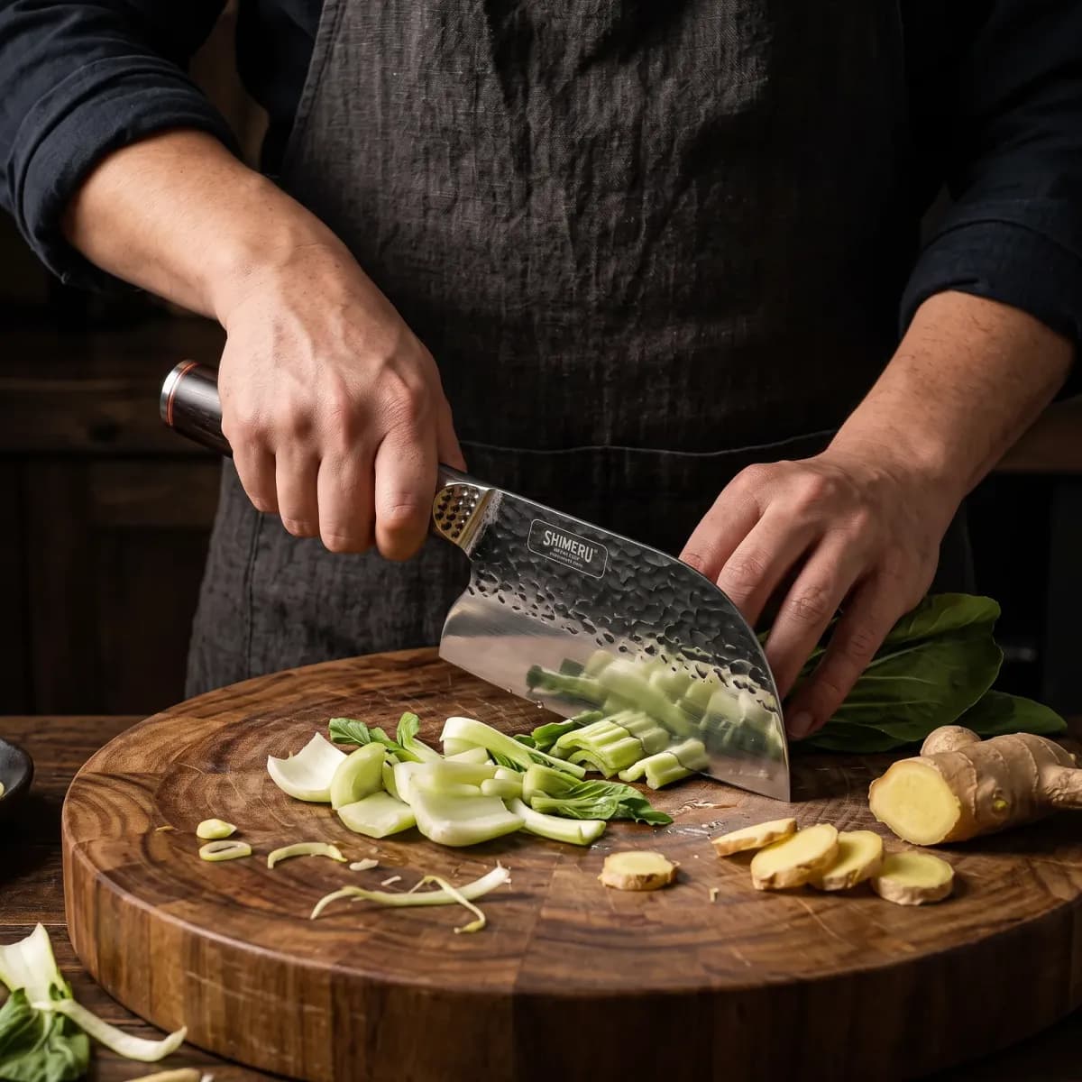 Toyo 7" Stainless Steel Cleaver chopping bok choy and ginger