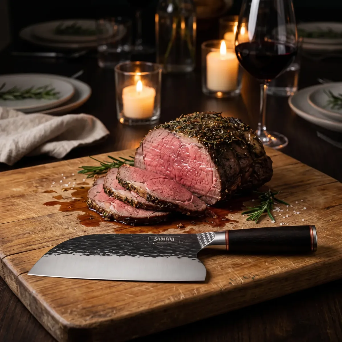 Toyo 7" Stainless Steel Cleaver on a carving board beside sliced roast beef at a candlelit dinner