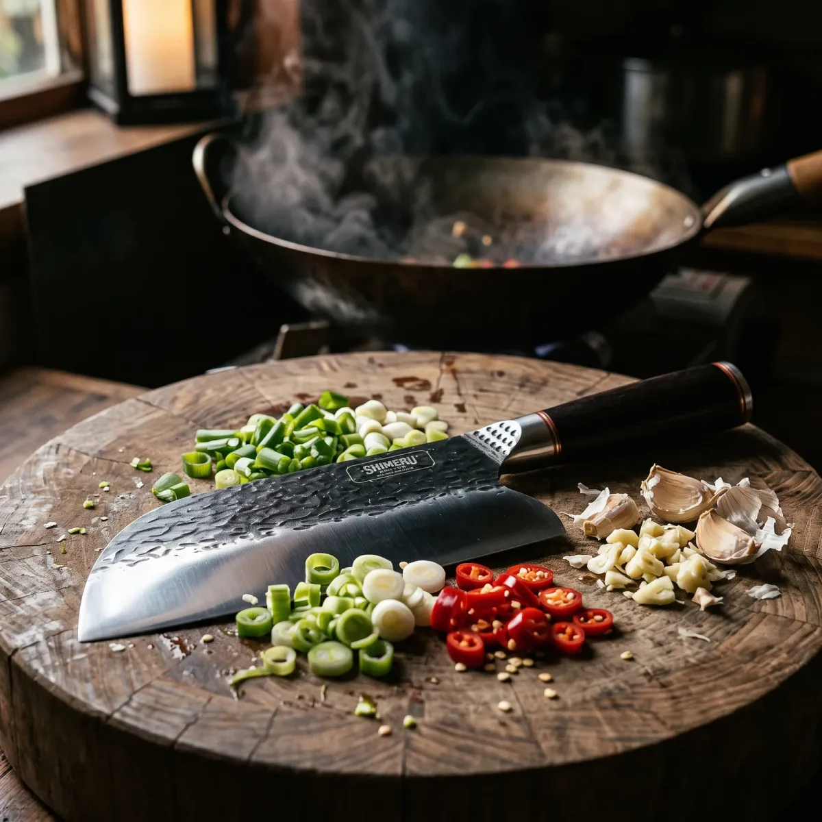 Toyo 7" Stainless Steel Cleaver beside chopped spring onion, chilli and garlic with a wok