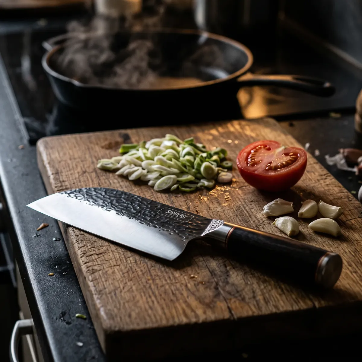 Toyo 7" Stainless Steel Cleaver on an oak board with spring onions, tomato and garlic
