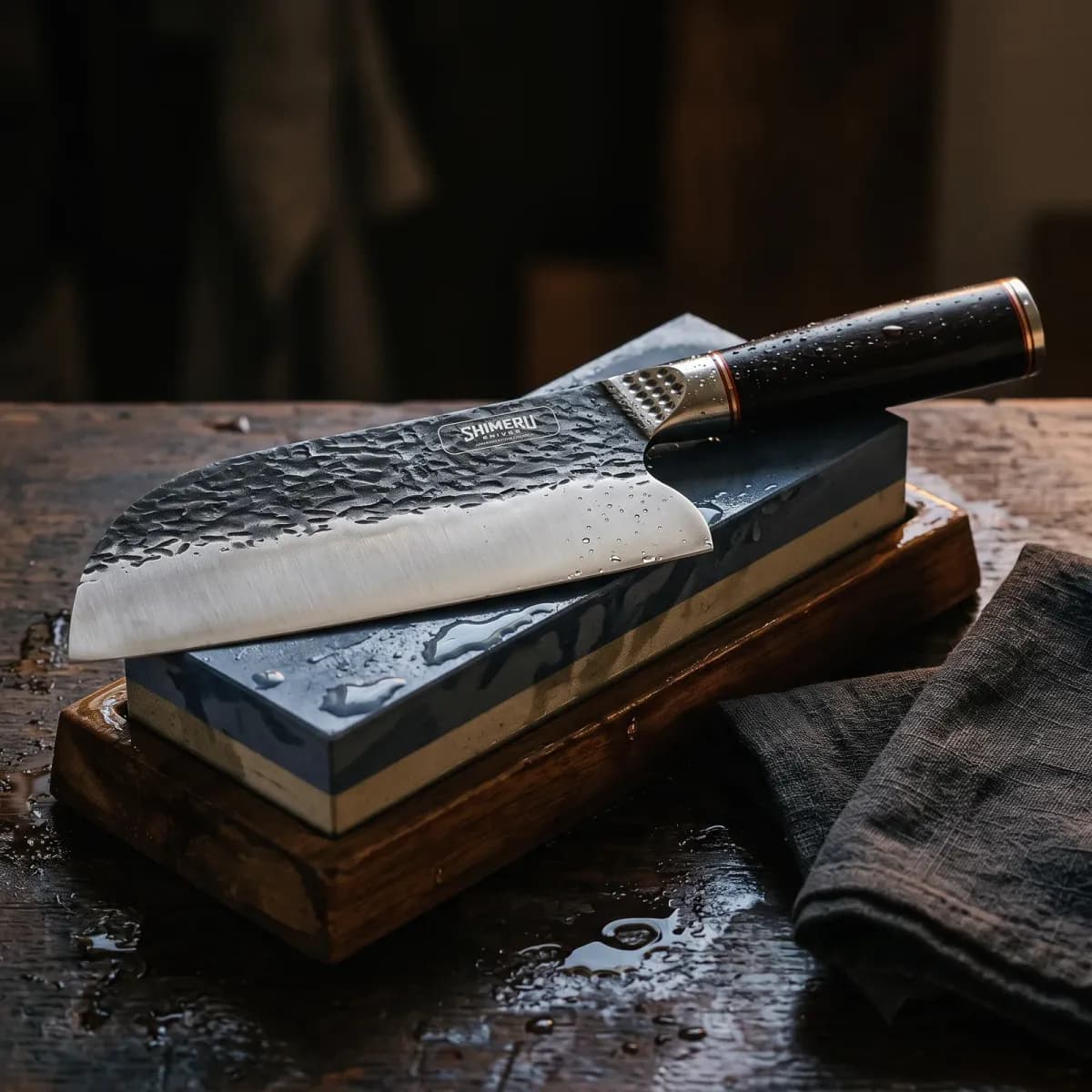 Toyo 7" Stainless Steel Cleaver being sharpened on a wet whetstone