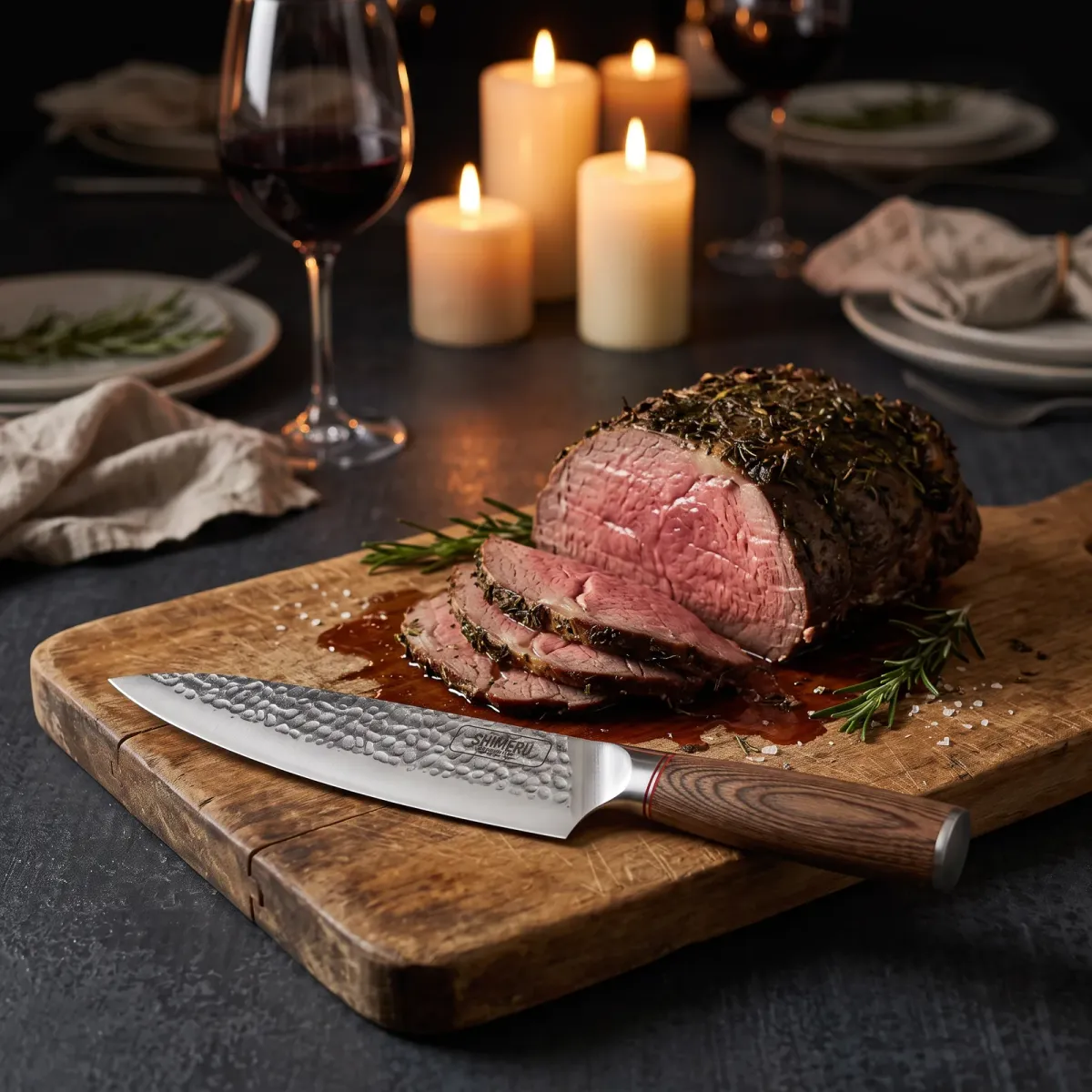 Akan 8'' Gyuto Knife on a carving board beside sliced roast beef at a candlelit dinner