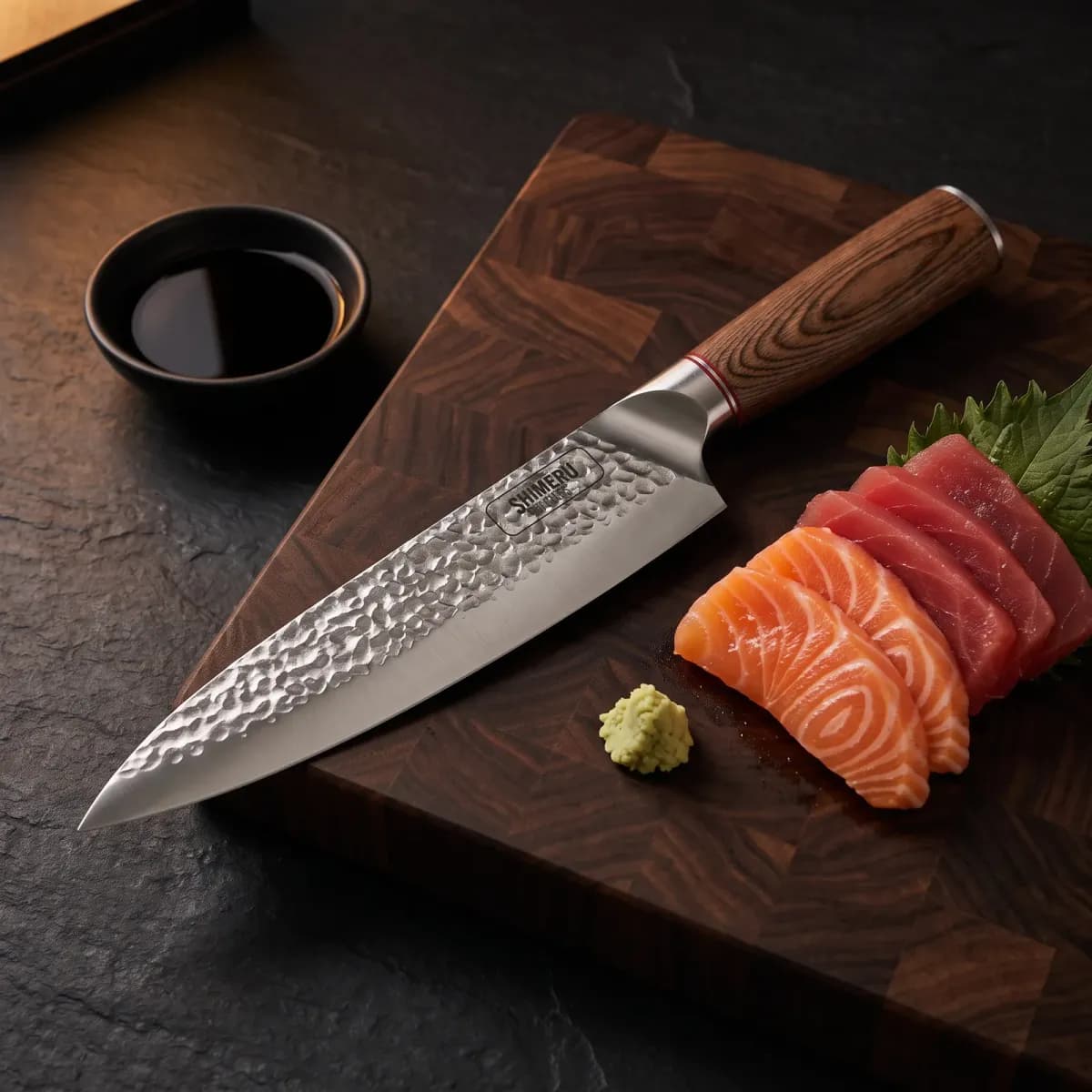 Akan 8'' Gyuto Knife beside sliced salmon and tuna sashimi