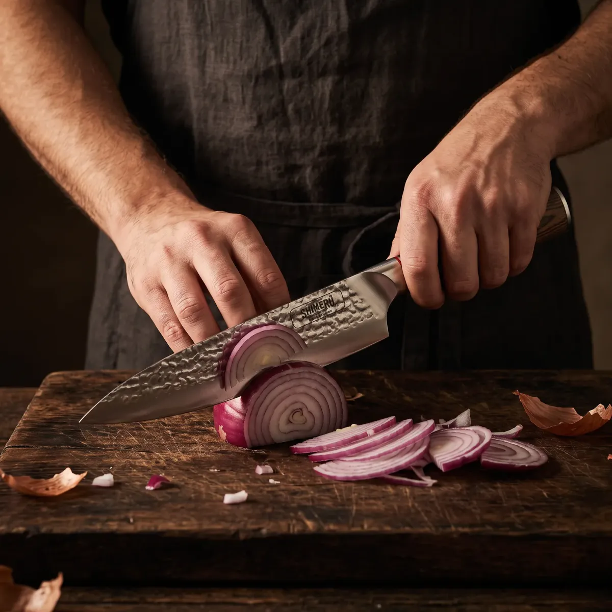 Akan 8'' Gyuto Knife slicing a red onion paper thin