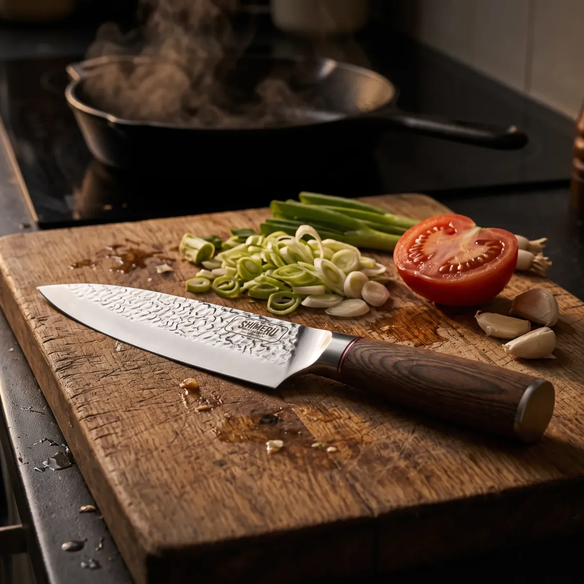 Akan 8'' Gyuto Knife on an oak board with spring onions, tomato and garlic
