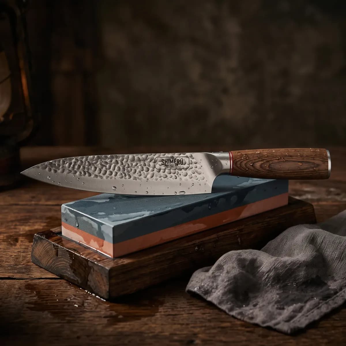 Akan 8'' Gyuto Knife being sharpened on a wet whetstone