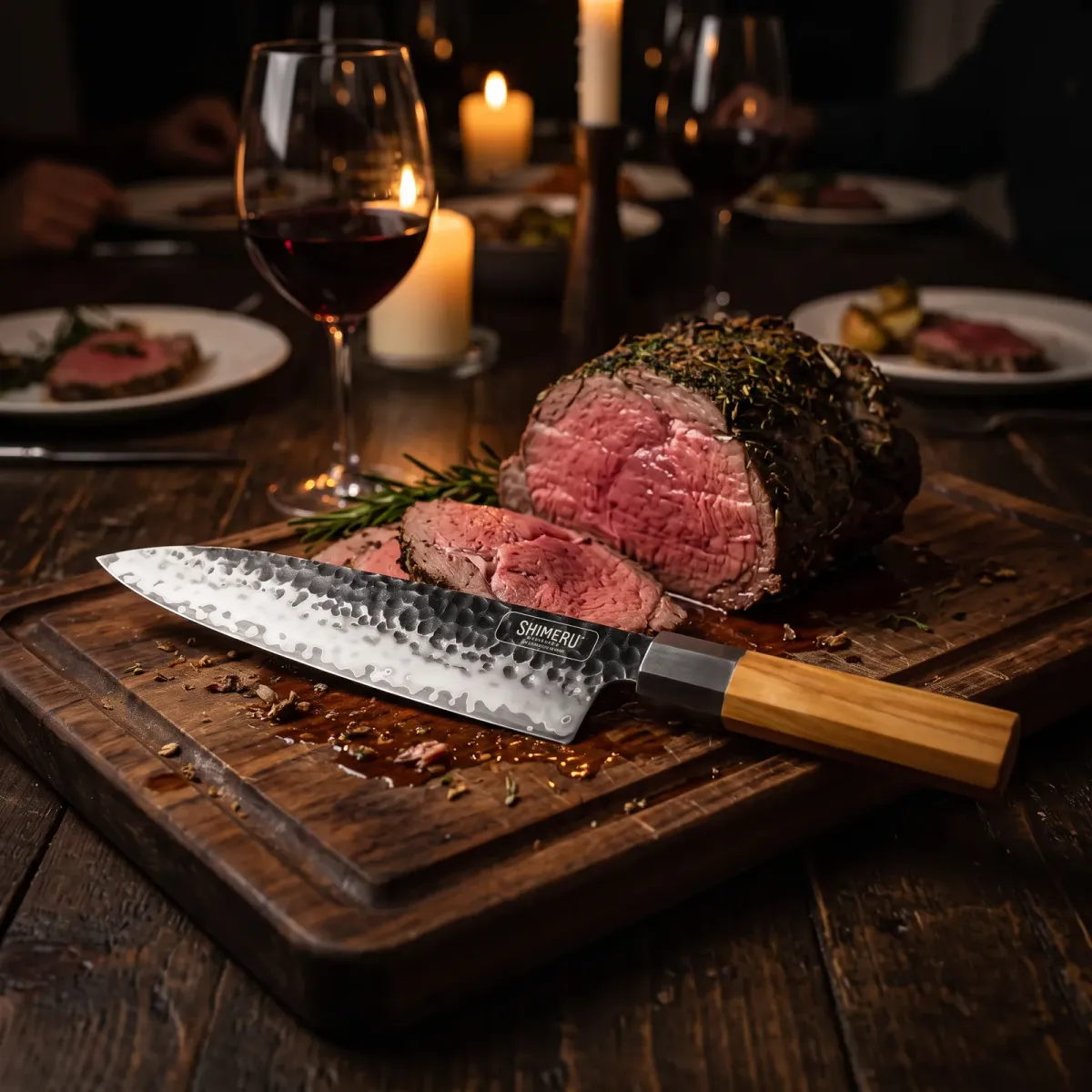 Kakehashi 8" Gyuto on a carving board beside sliced roast beef at a candlelit dinner