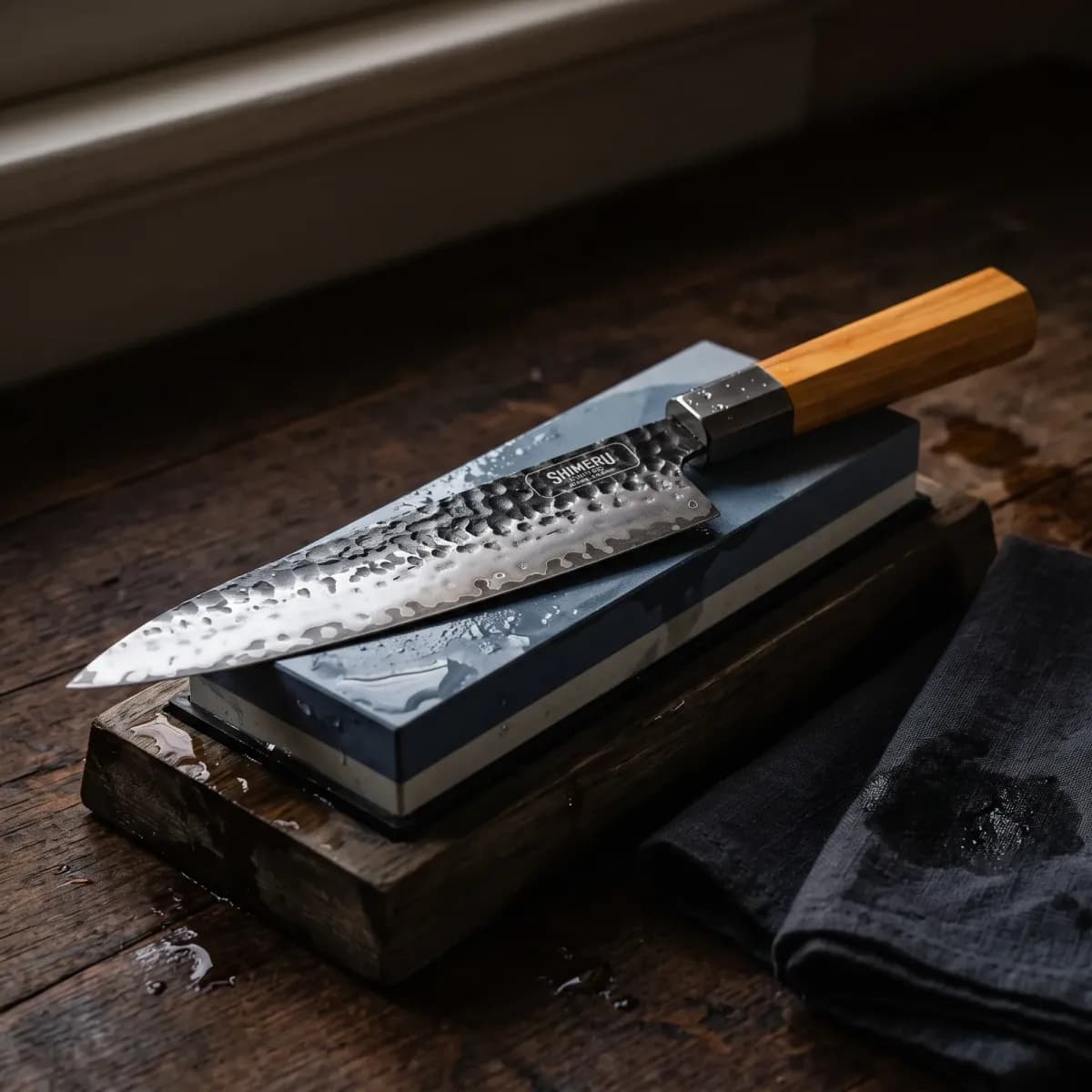 Kakehashi 8" Gyuto being sharpened on a wet whetstone