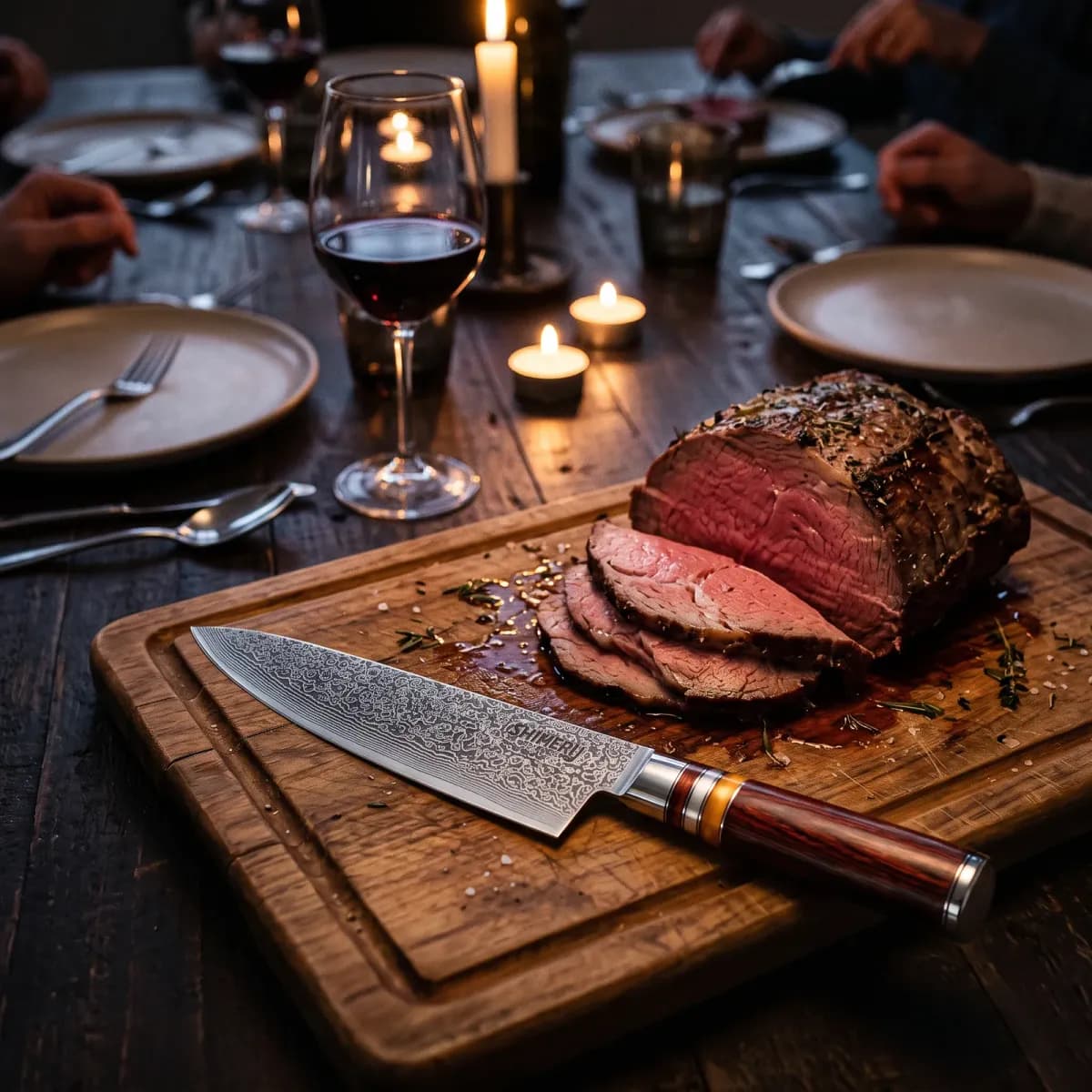 Kinzan 7.7" Damascus Steel Gyuto Japanese Chef Knife on a carving board beside sliced roast beef at a candlelit dinner