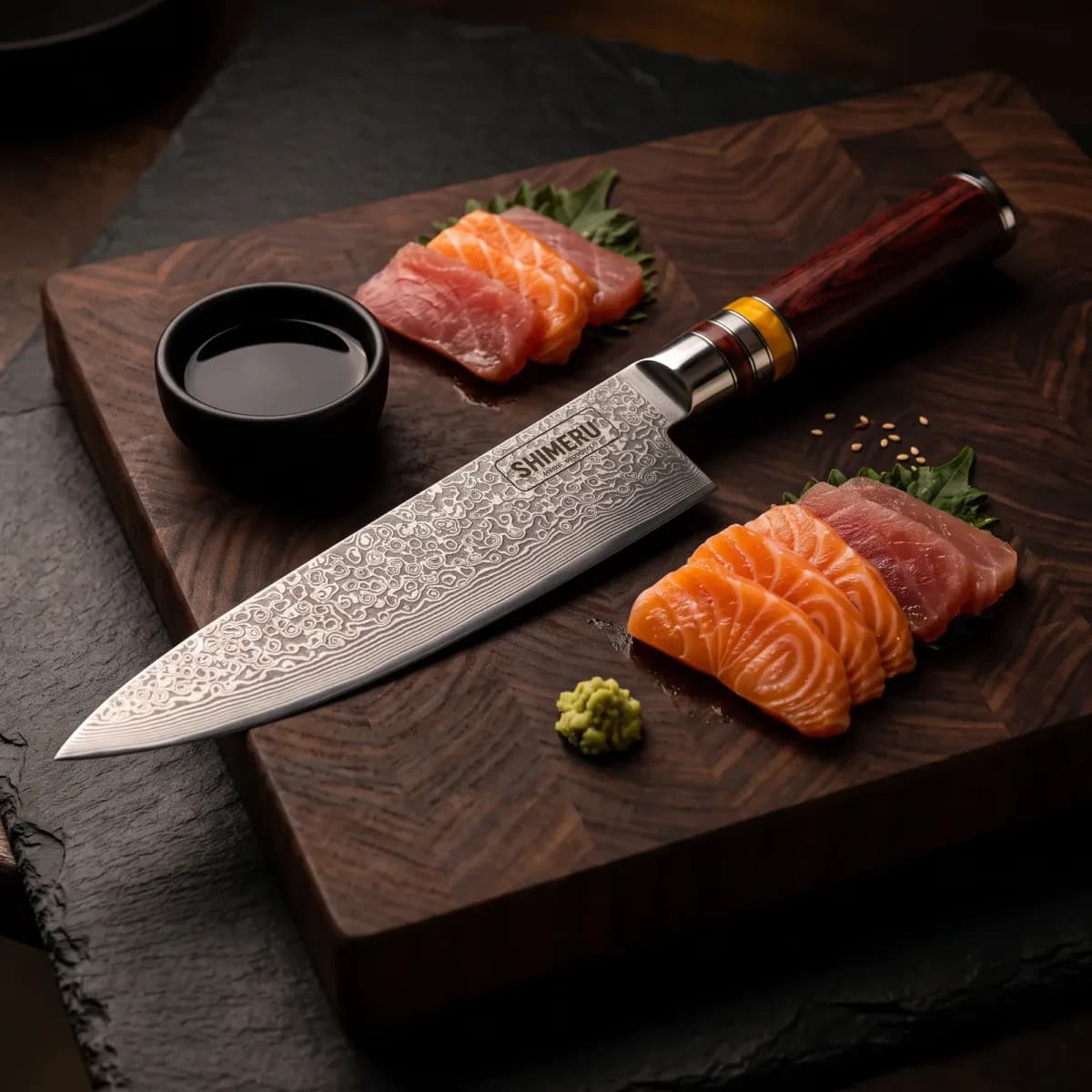 Kinzan 7.7" Damascus Steel Gyuto Japanese Chef Knife beside sliced salmon and tuna sashimi