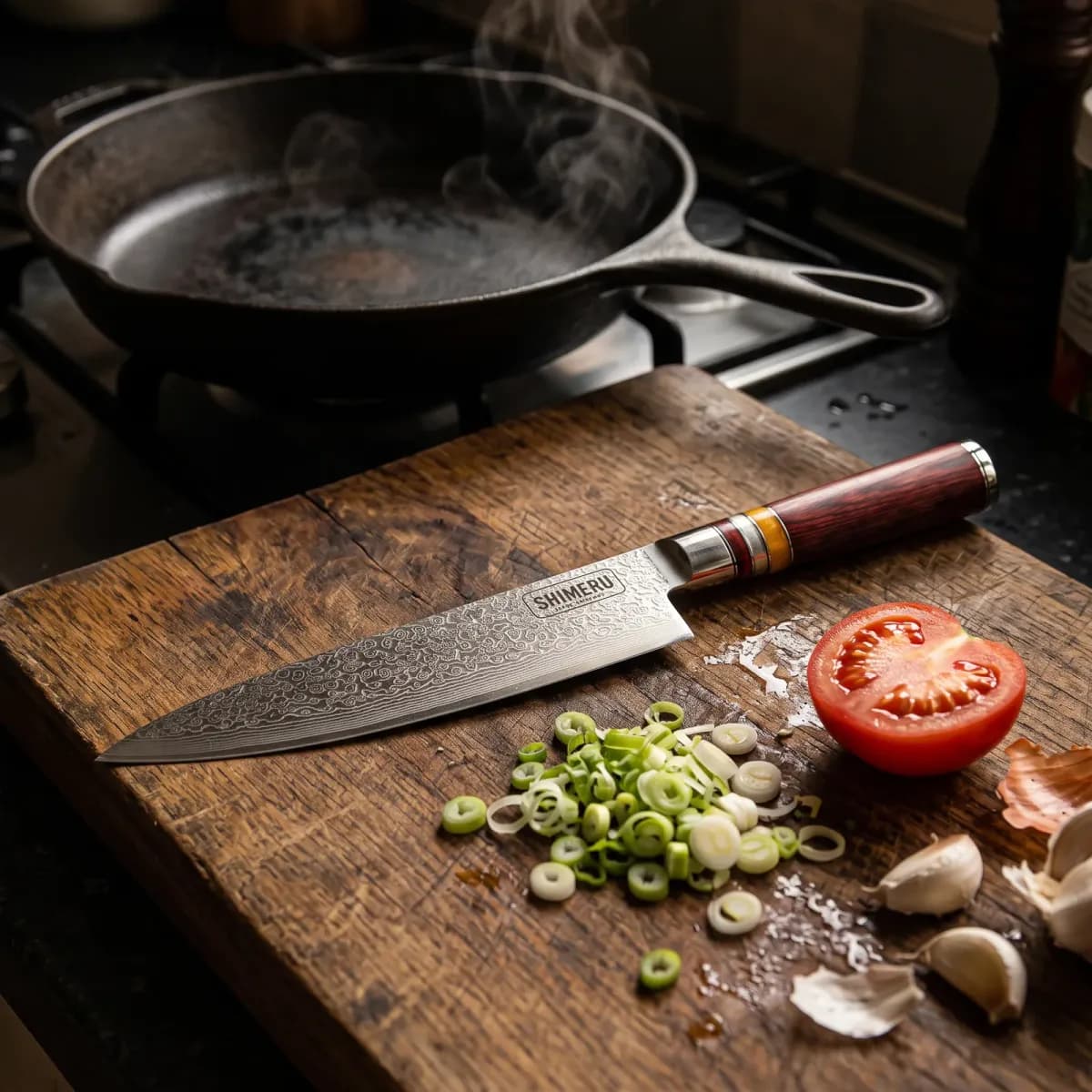 Kinzan 7.7" Damascus Steel Gyuto Japanese Chef Knife on an oak board with spring onions, tomato and garlic