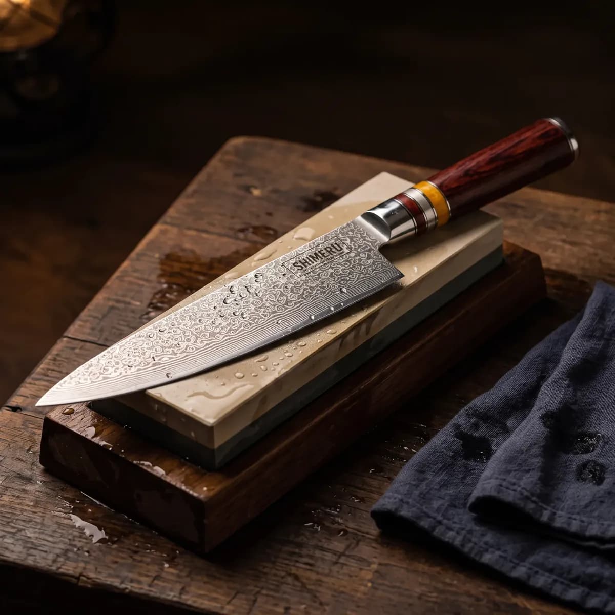 Kinzan 7.7" Damascus Steel Gyuto Japanese Chef Knife being sharpened on a wet whetstone