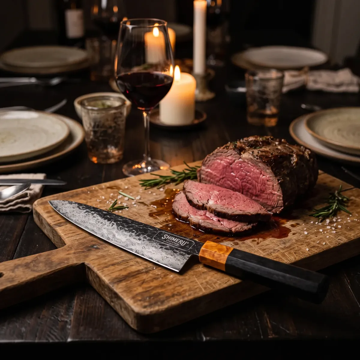 Kumozu 8'' Damascus Steel Gyuto Knife on a carving board beside sliced roast beef at a candlelit dinner