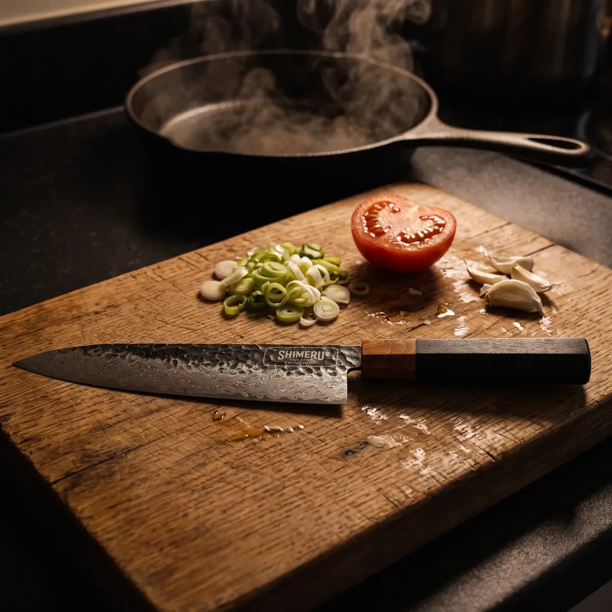 Kumozu 8'' Damascus Steel Gyuto Knife on an oak board with spring onions, tomato and garlic