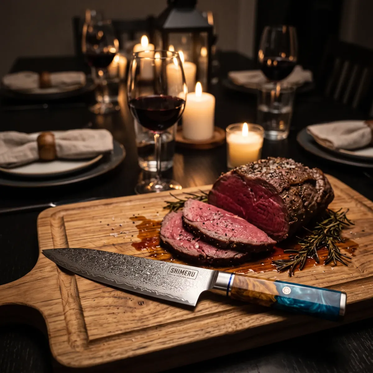 Mogami 8" Damascus Steel Gyuto Knife on a carving board beside sliced roast beef at a candlelit dinner