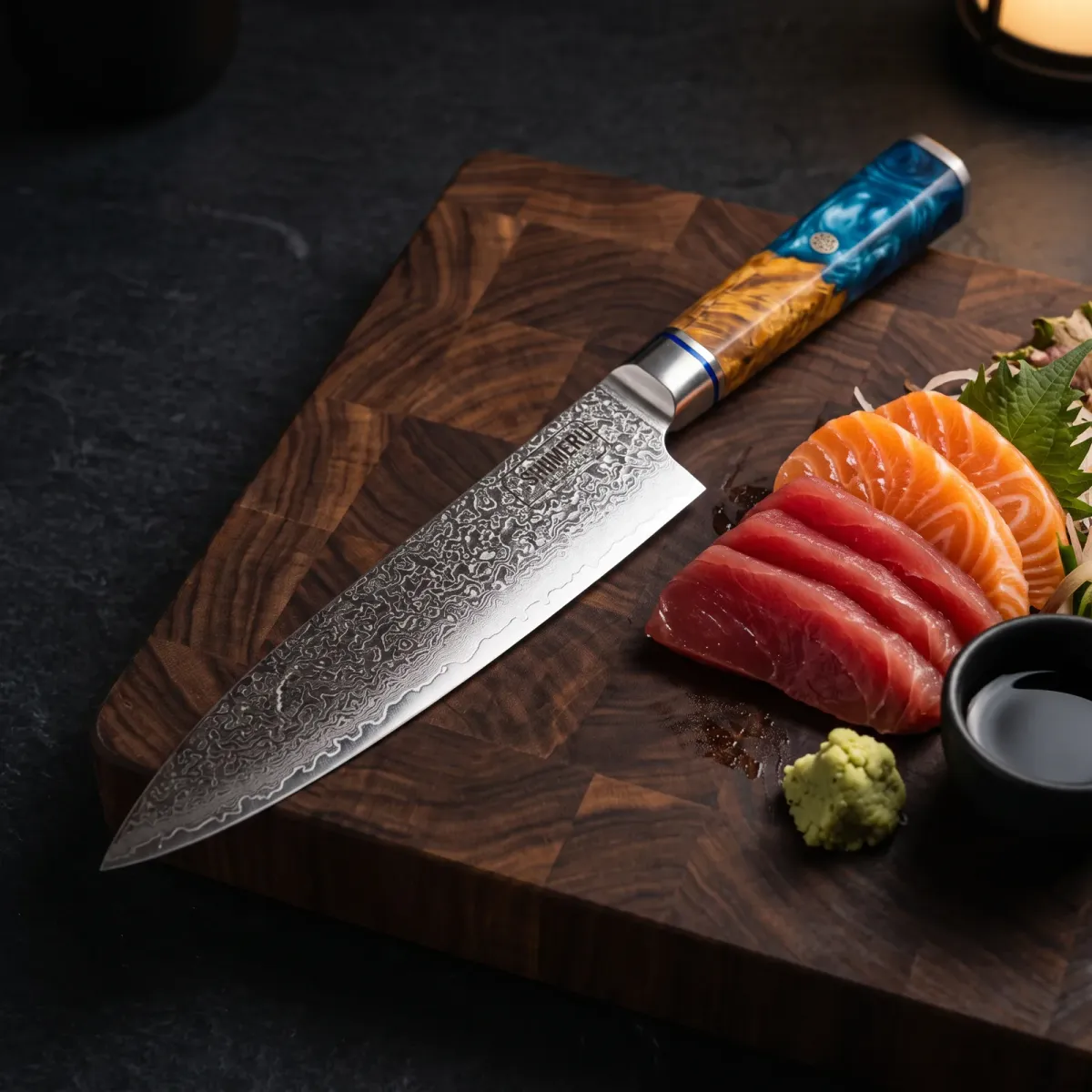 Mogami 8" Damascus Steel Gyuto Knife beside sliced salmon and tuna sashimi
