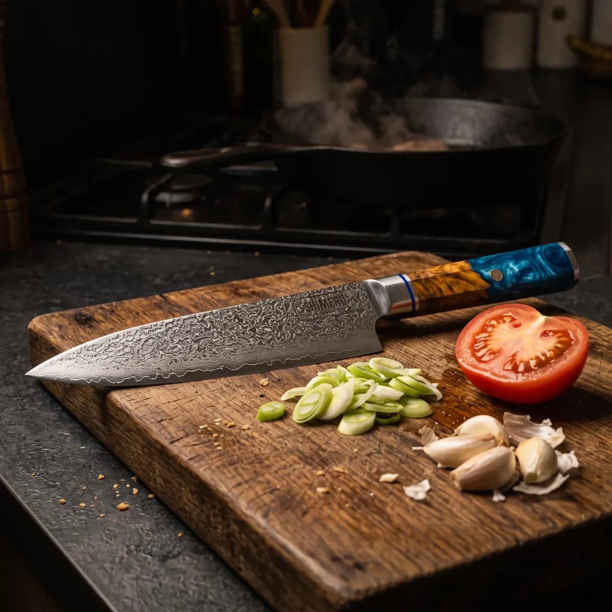 Mogami 8" Damascus Steel Gyuto Knife on an oak board with spring onions, tomato and garlic