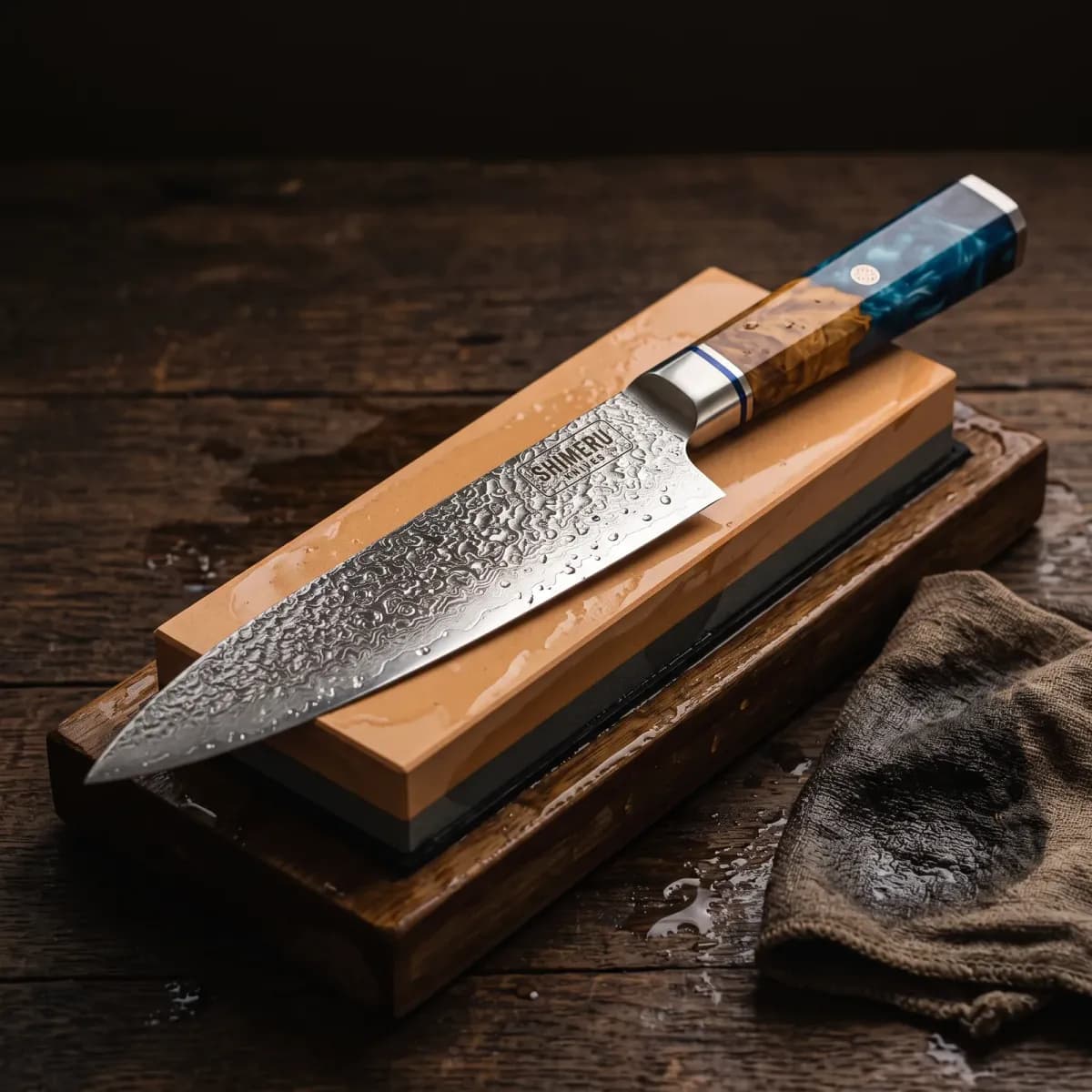 Mogami 8" Damascus Steel Gyuto Knife being sharpened on a wet whetstone