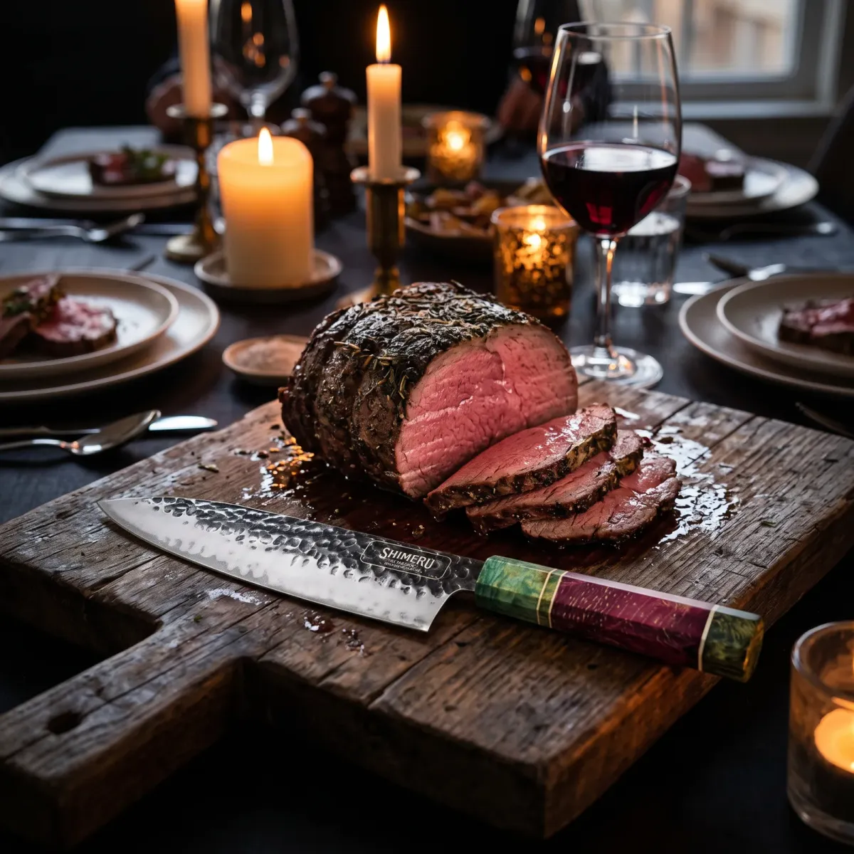 Natori 8" Gyuto Knife on a carving board beside sliced roast beef at a candlelit dinner