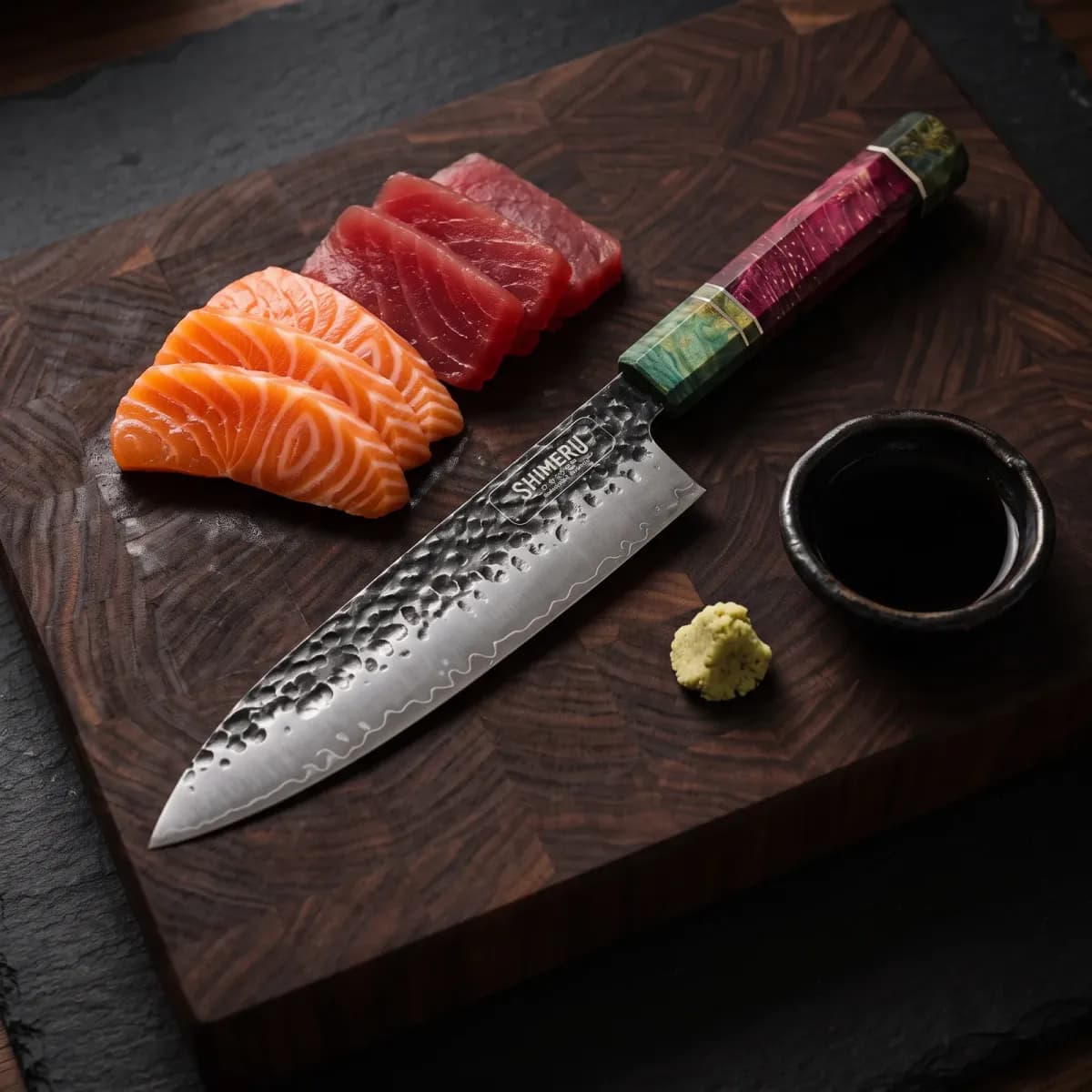 Natori 8" Gyuto Knife beside sliced salmon and tuna sashimi