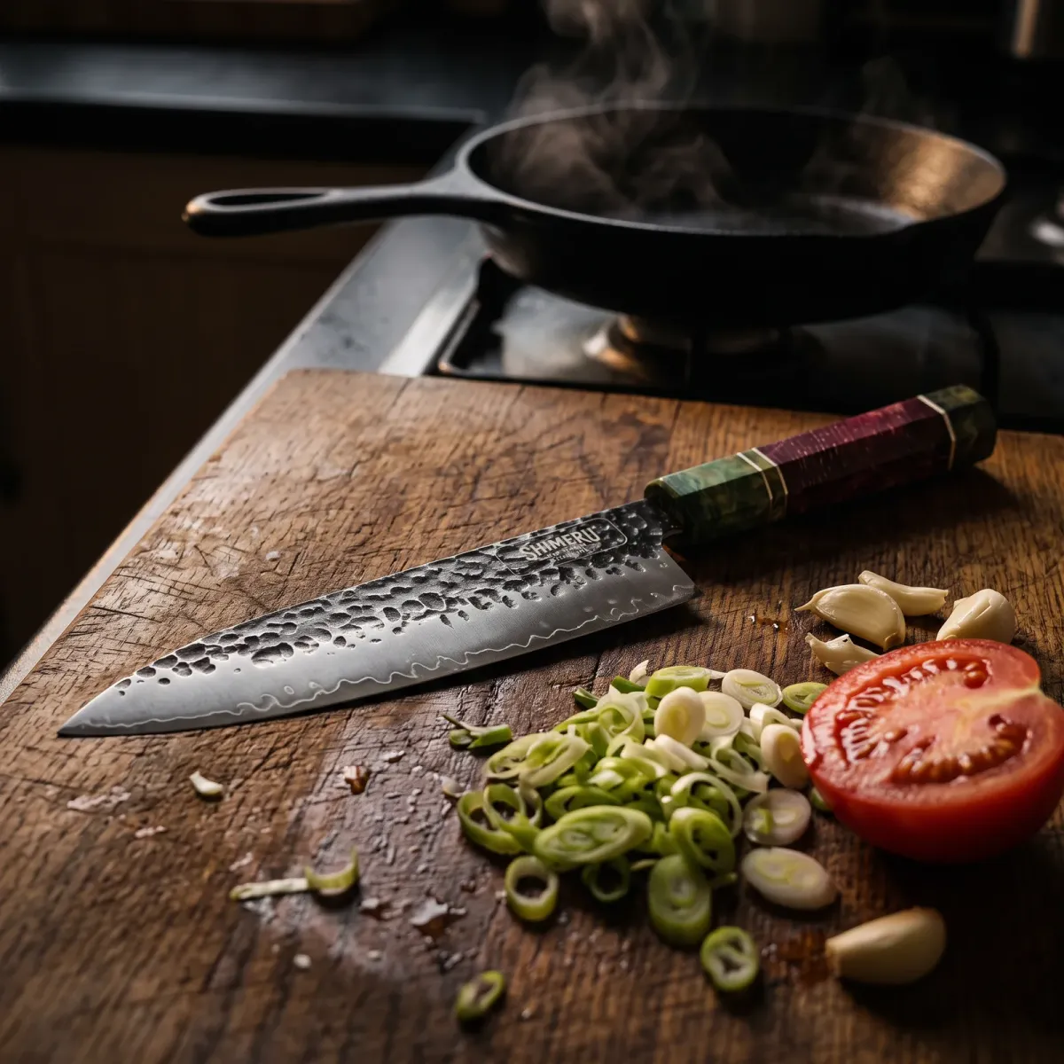 Natori 8" Gyuto Knife on an oak board with spring onions, tomato and garlic