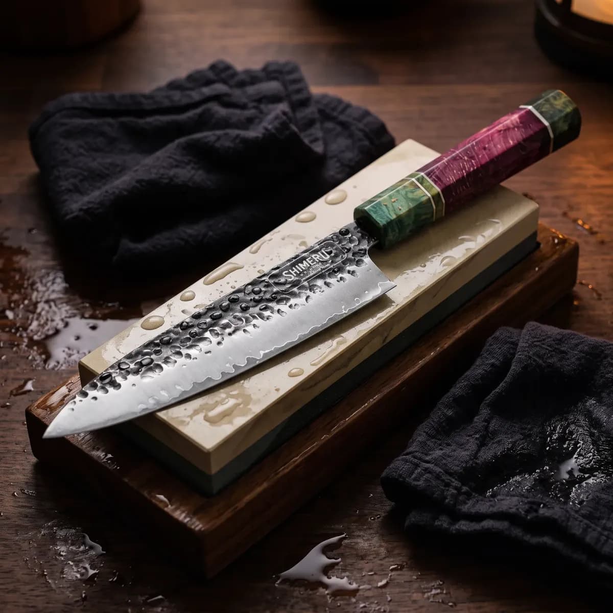 Natori 8" Gyuto Knife being sharpened on a wet whetstone