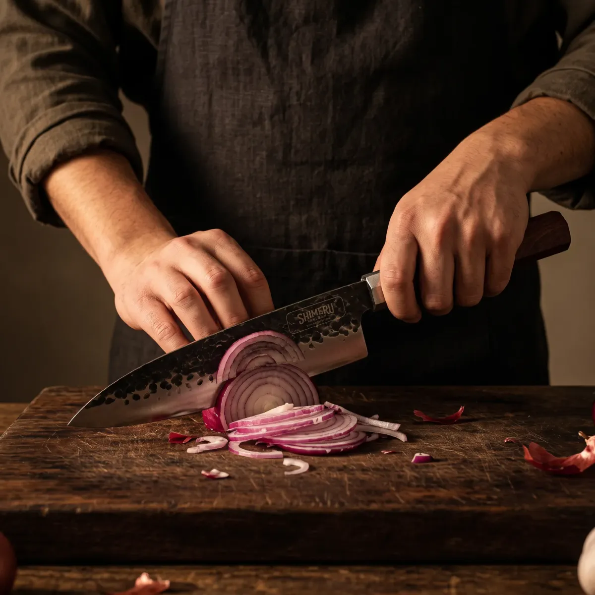 Sendai 8" Steel Gyuto Knife slicing a red onion paper thin
