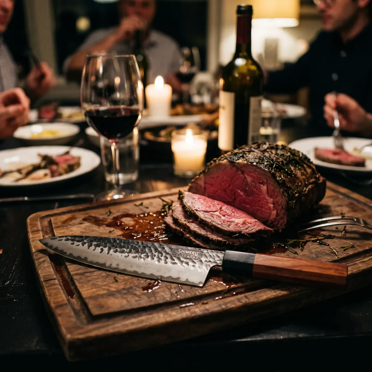 Tenjin 8" Stainless Steel Gyuto Knife on a carving board beside sliced roast beef at a candlelit dinner