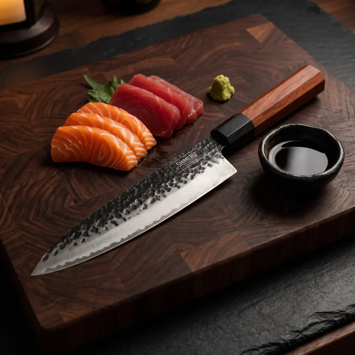 Tenjin 8" Stainless Steel Gyuto Knife beside sliced salmon and tuna sashimi