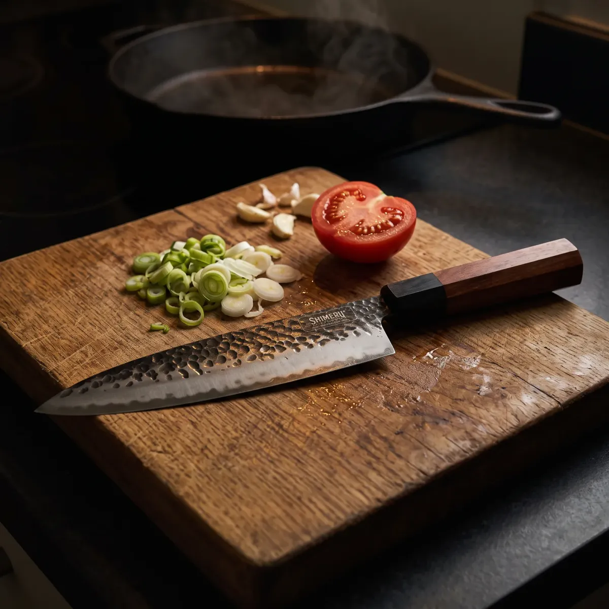 Tenjin 8" Stainless Steel Gyuto Knife on an oak board with spring onions, tomato and garlic