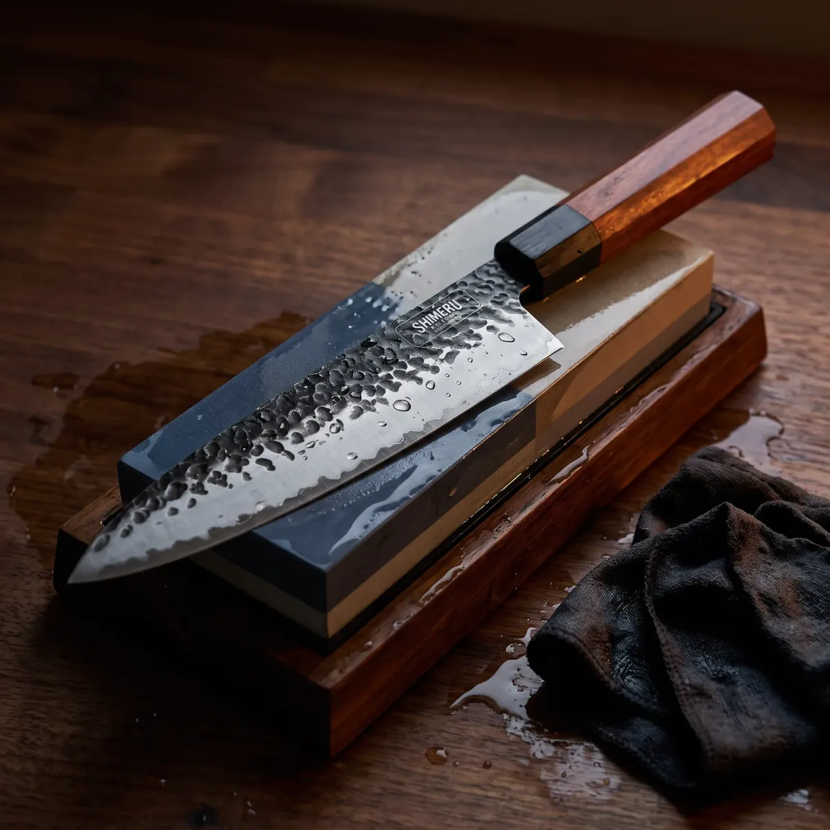 Tenjin 8" Stainless Steel Gyuto Knife being sharpened on a wet whetstone