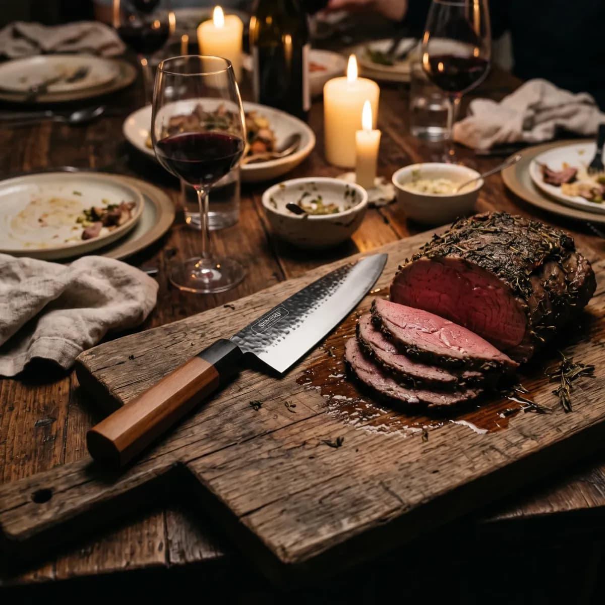 Tokachi 8.5" Gyuto Chef Knife on a carving board beside sliced roast beef at a candlelit dinner