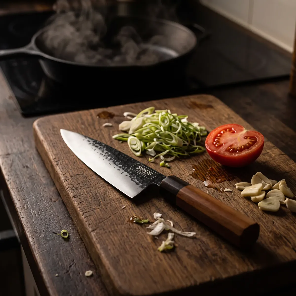 Tokachi 8.5" Gyuto Chef Knife on an oak board with spring onions, tomato and garlic
