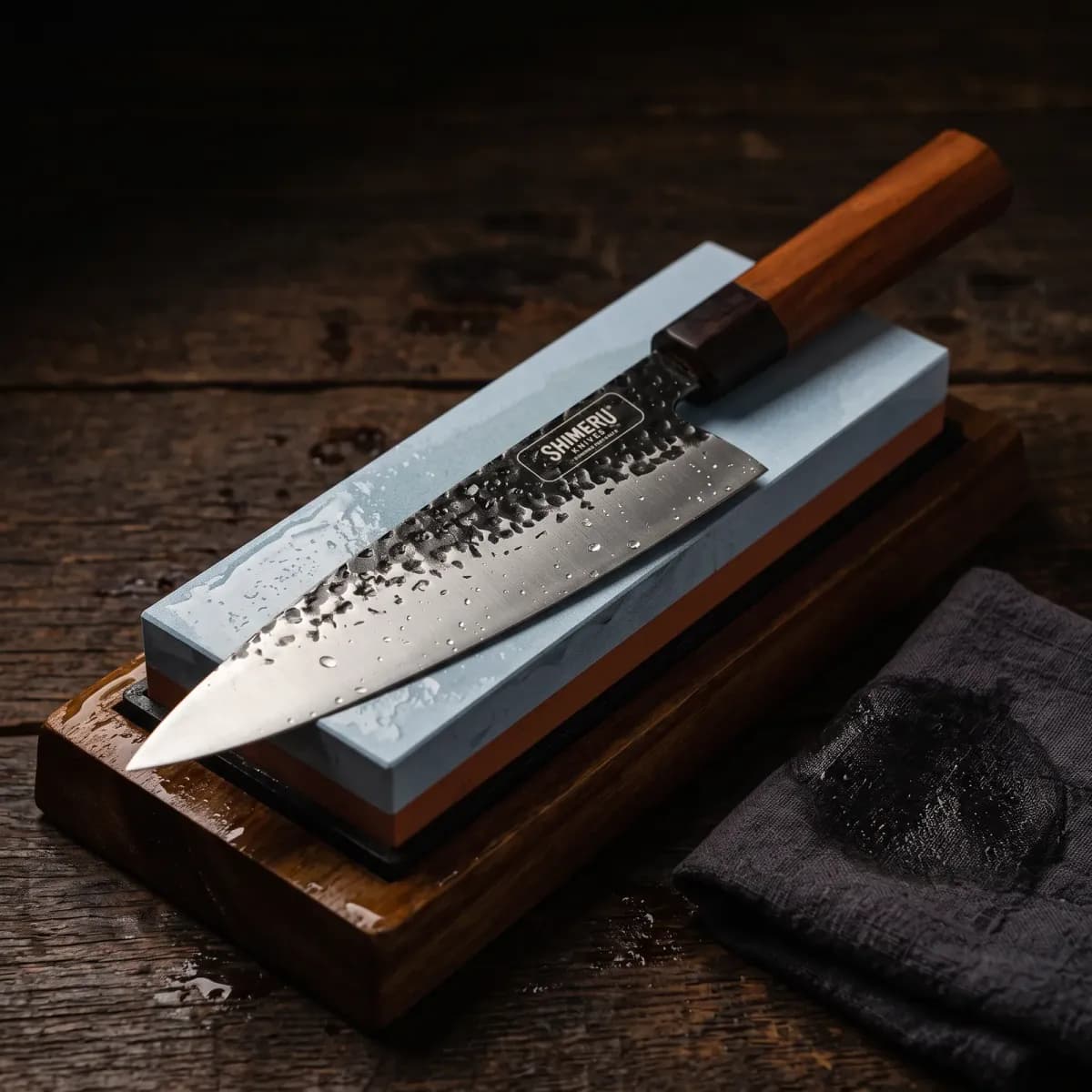 Tokachi 8.5" Gyuto Chef Knife being sharpened on a wet whetstone