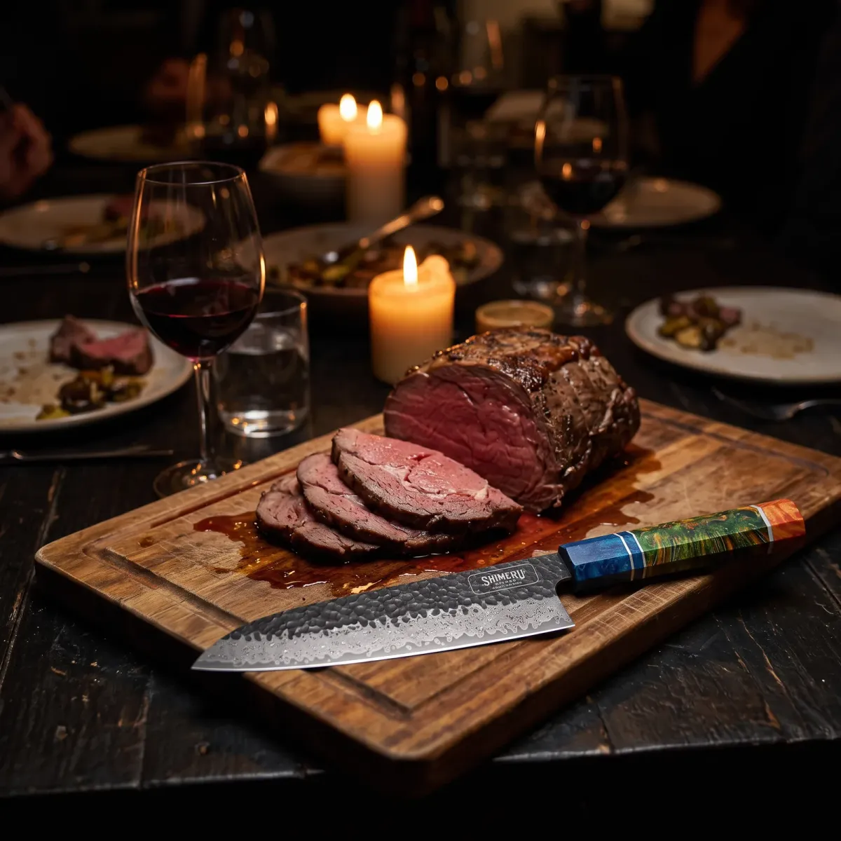 Yoshii 8 Damascus Steel Gyuto Knife on a carving board beside sliced roast beef at a candlelit dinner