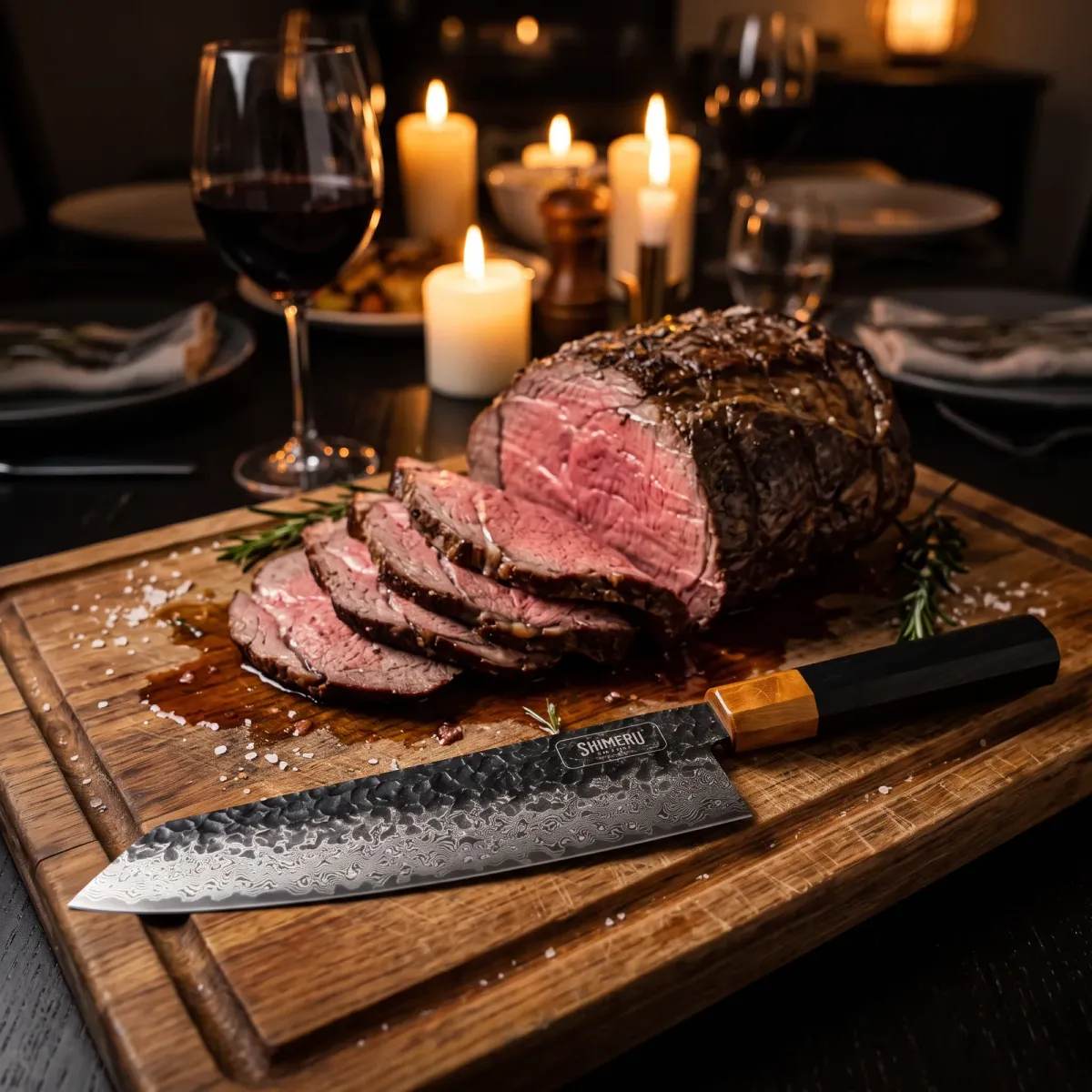 Kurobe 9.5" Damascus Steel Kiritsuke Knife on a carving board beside sliced roast beef at a candlelit dinner
