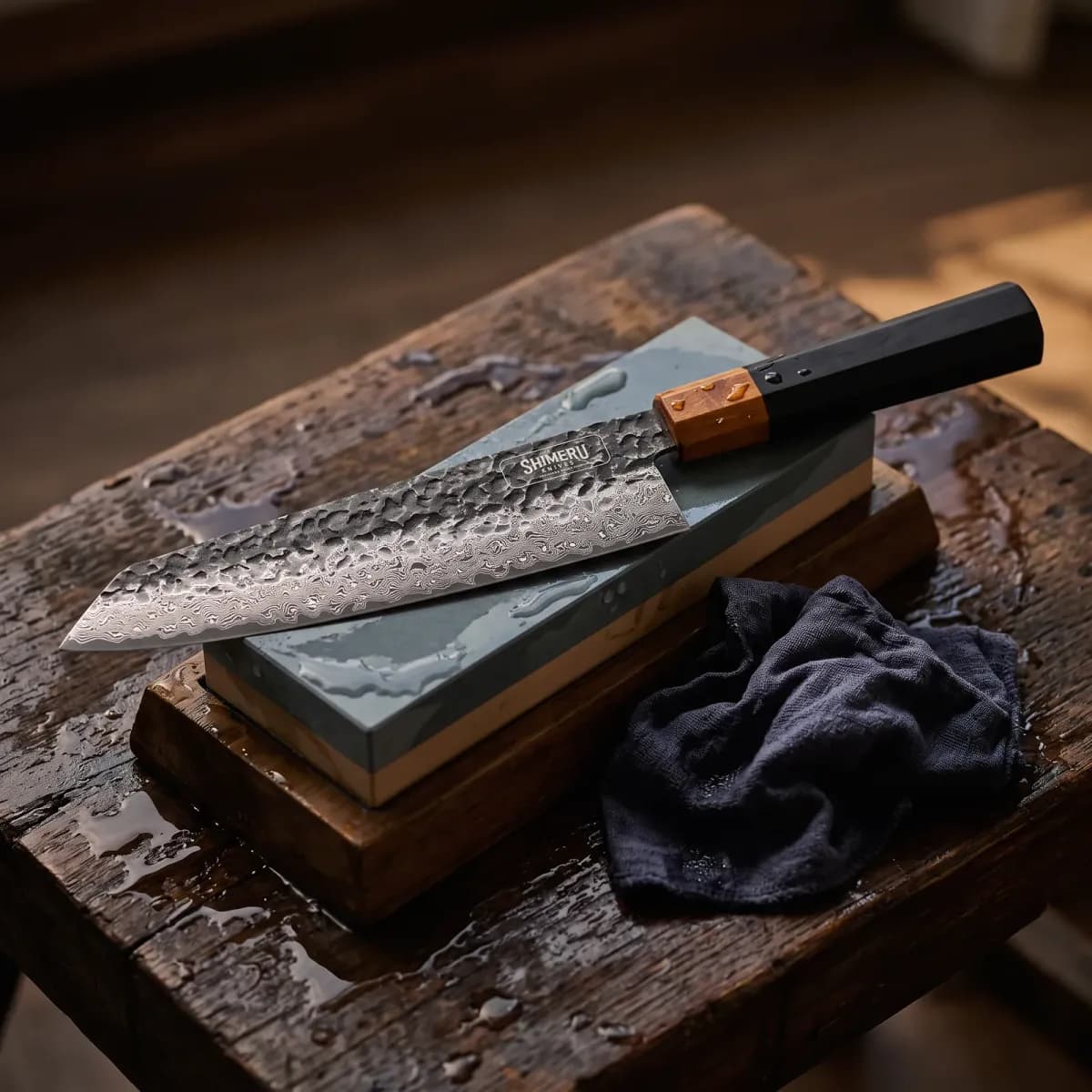 Kurobe 9.5" Damascus Steel Kiritsuke Knife being sharpened on a wet whetstone