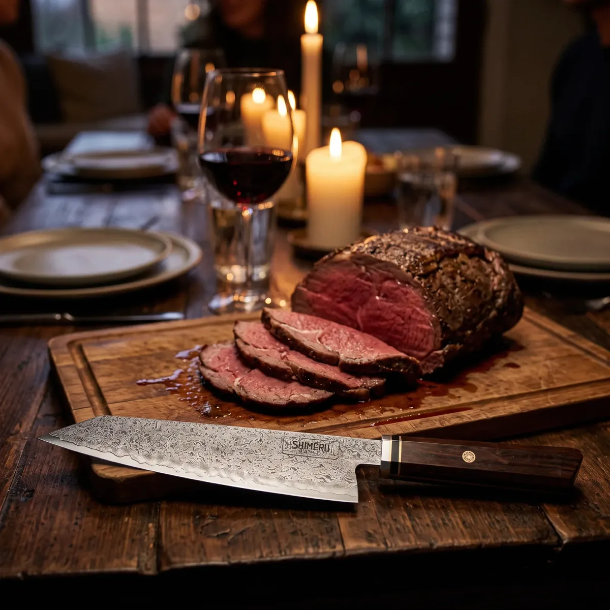 Tenryu 8" Damascus Steel Kiritsuke Knife on a carving board beside sliced roast beef at a candlelit dinner