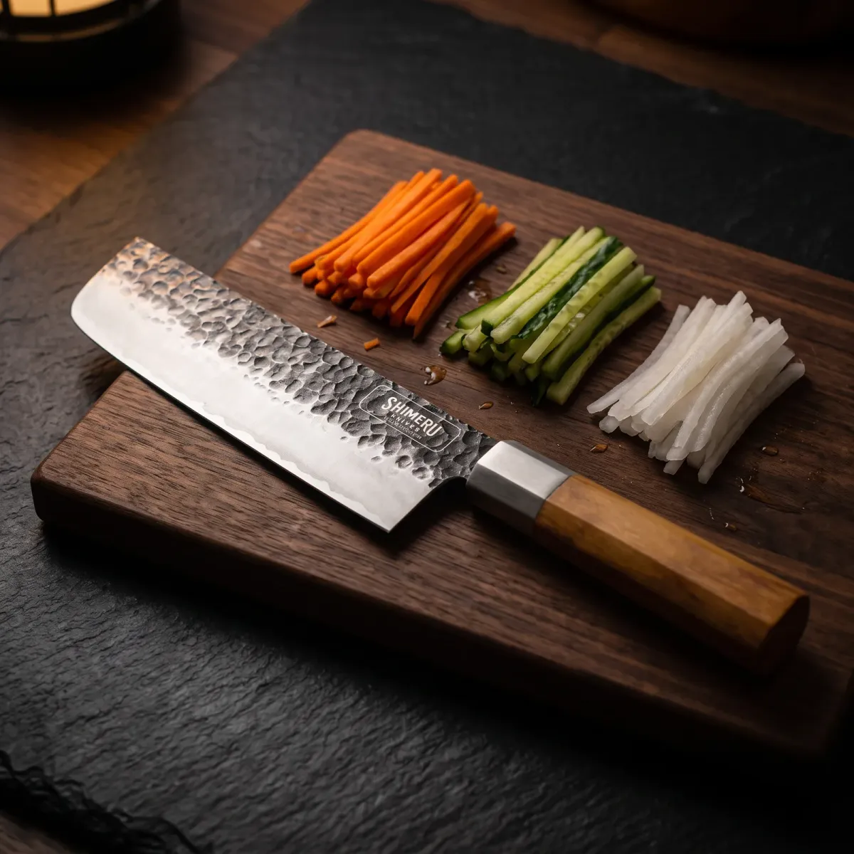 Chitose 7" Nakiri Knife beside julienned carrot, cucumber and daikon