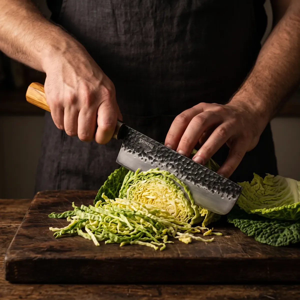 Chitose 7" Nakiri Knife chopping a savoy cabbage into fine ribbons