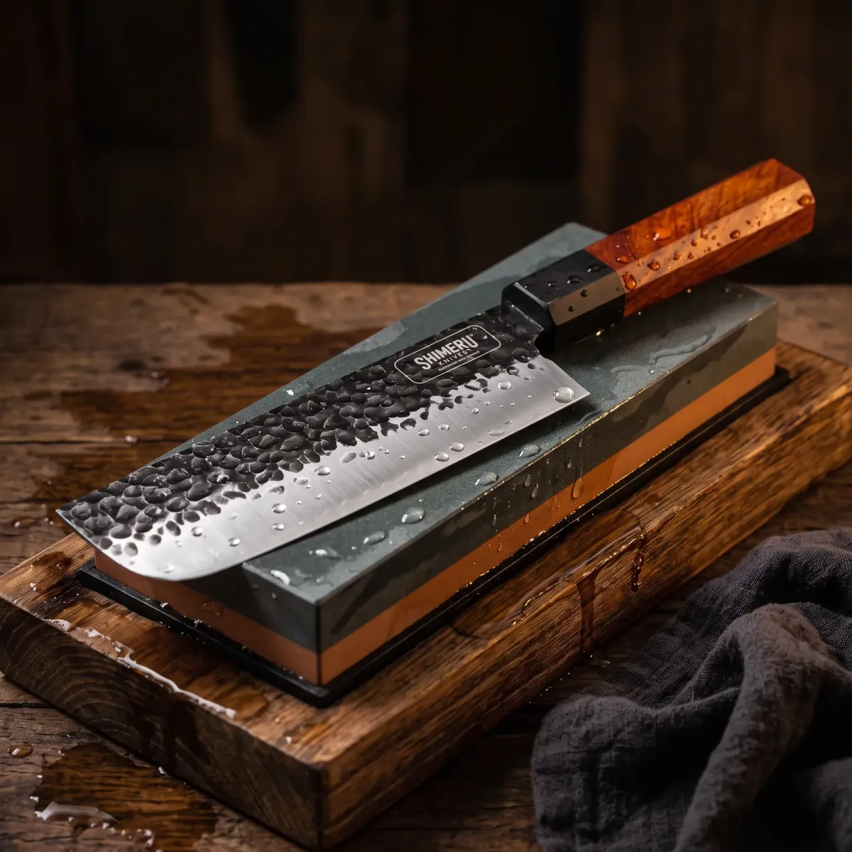 Kiso 7" Nakiri Knife being sharpened on a wet whetstone