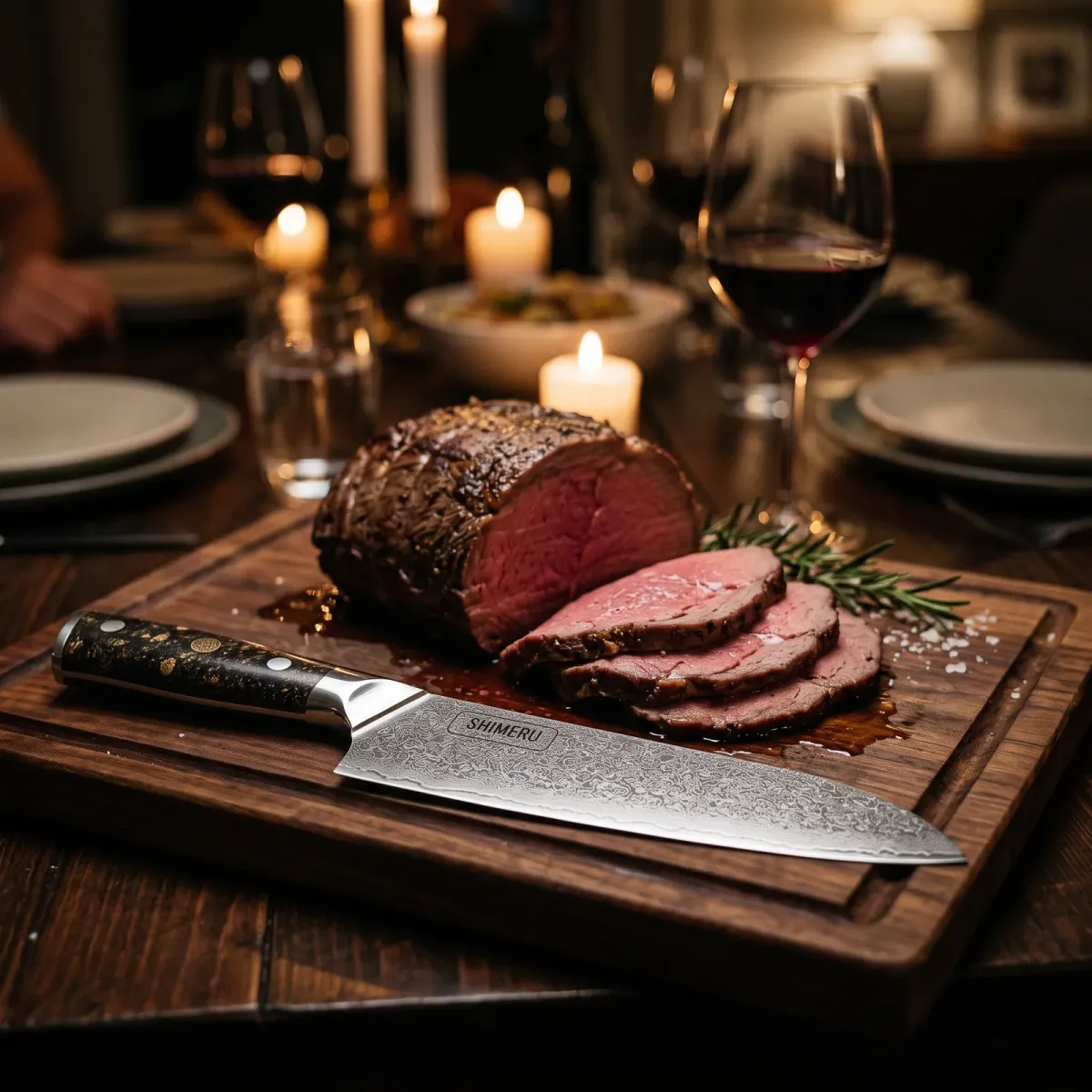 Asuka 7 Damascus Steel Santoku Knife on a carving board beside sliced roast beef at a candlelit dinner